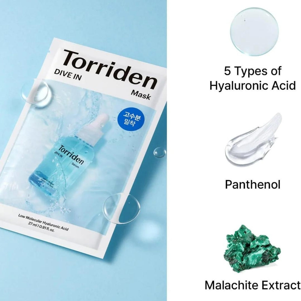 Torriden DIVE-IN Low Molecule Hyaluronic Acid Sheet Mask box with 10 individual masks, featuring hydrating sheet masks for skincare.