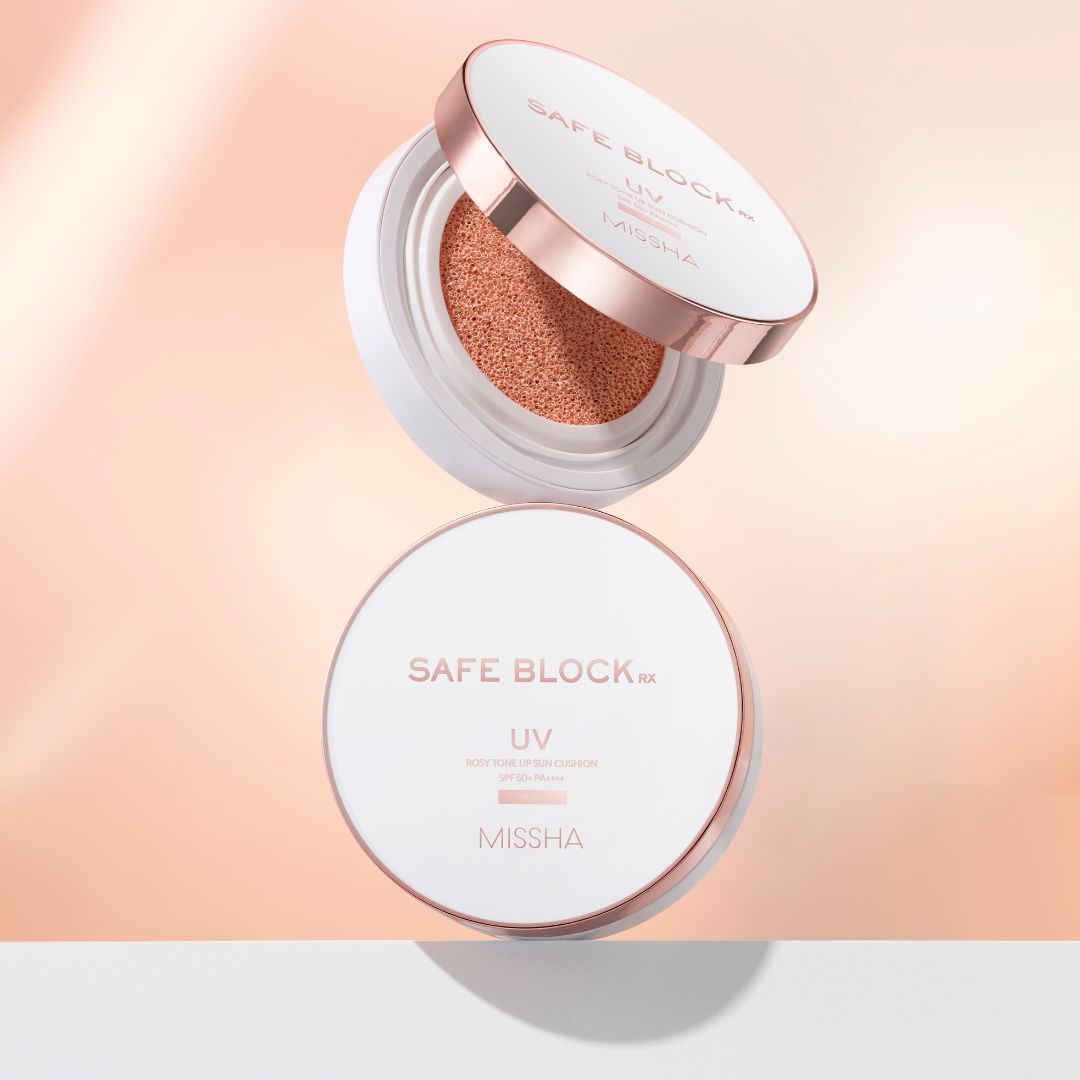 Missha Safe Block Rx Rosy Tone Up Sun Cushion foundation in 12g with a compact case and applicator sponge.