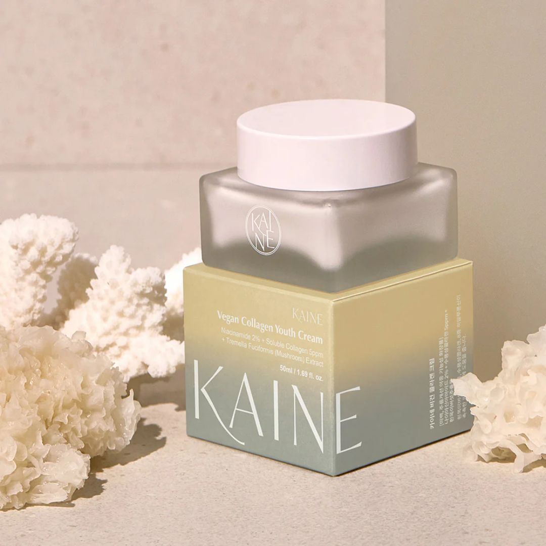 KAINE Vegan Collagen Youth Cream 50ml face moisturizer jar with smooth, creamy texture and clean, minimalist packaging.