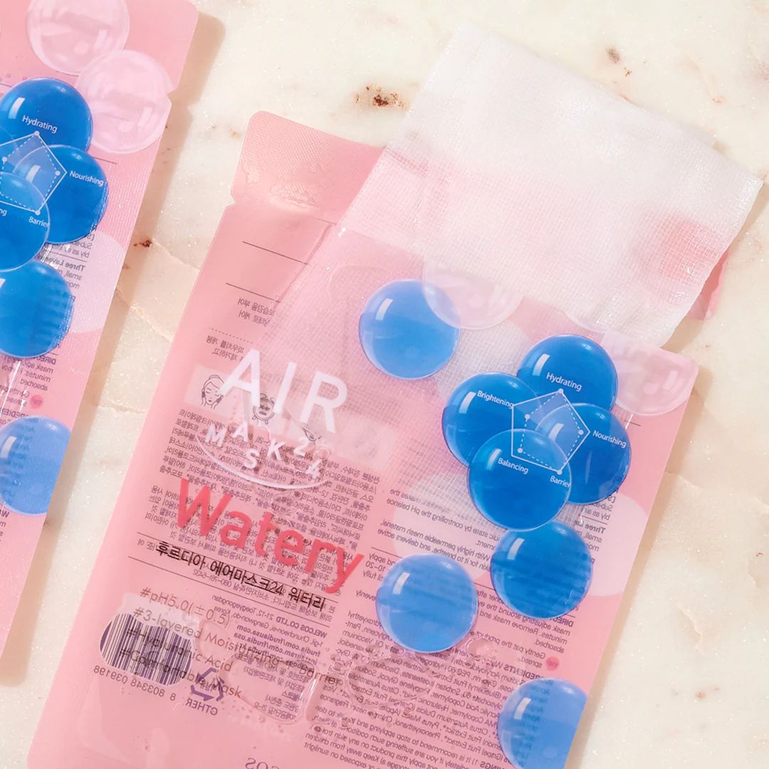 Frudia AIR Mask 24 Watery sheet mask showing the moist, translucent sheet soaked in hydrating serum for skincare.