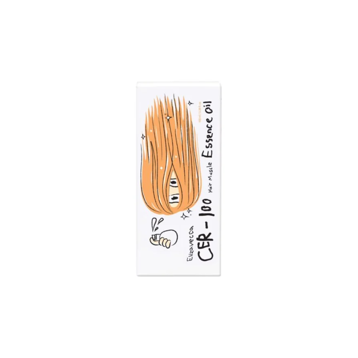 Elizavecca Hair Muscle Essence Oil 100ml for hair styling, featuring a clear bottle with a pump dispenser and light-colored liquid inside.