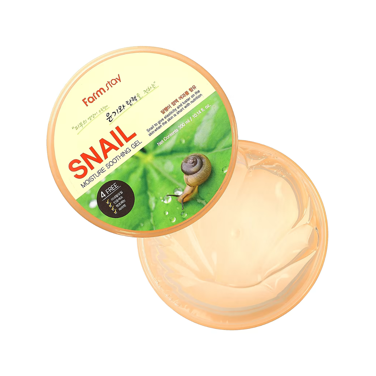 Farmstay Snail Moisture Soothing Gel 300ml face moisturizer with a clear jar and green lid, designed to hydrate and soothe skin.