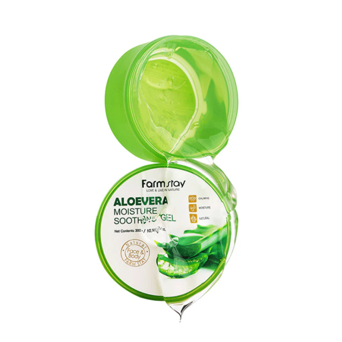 Farmstay Aloe Vera Moisture Soothing Gel in 300ml bottle, calming face moisturizer with aloe vera for hydration and skin soothing.