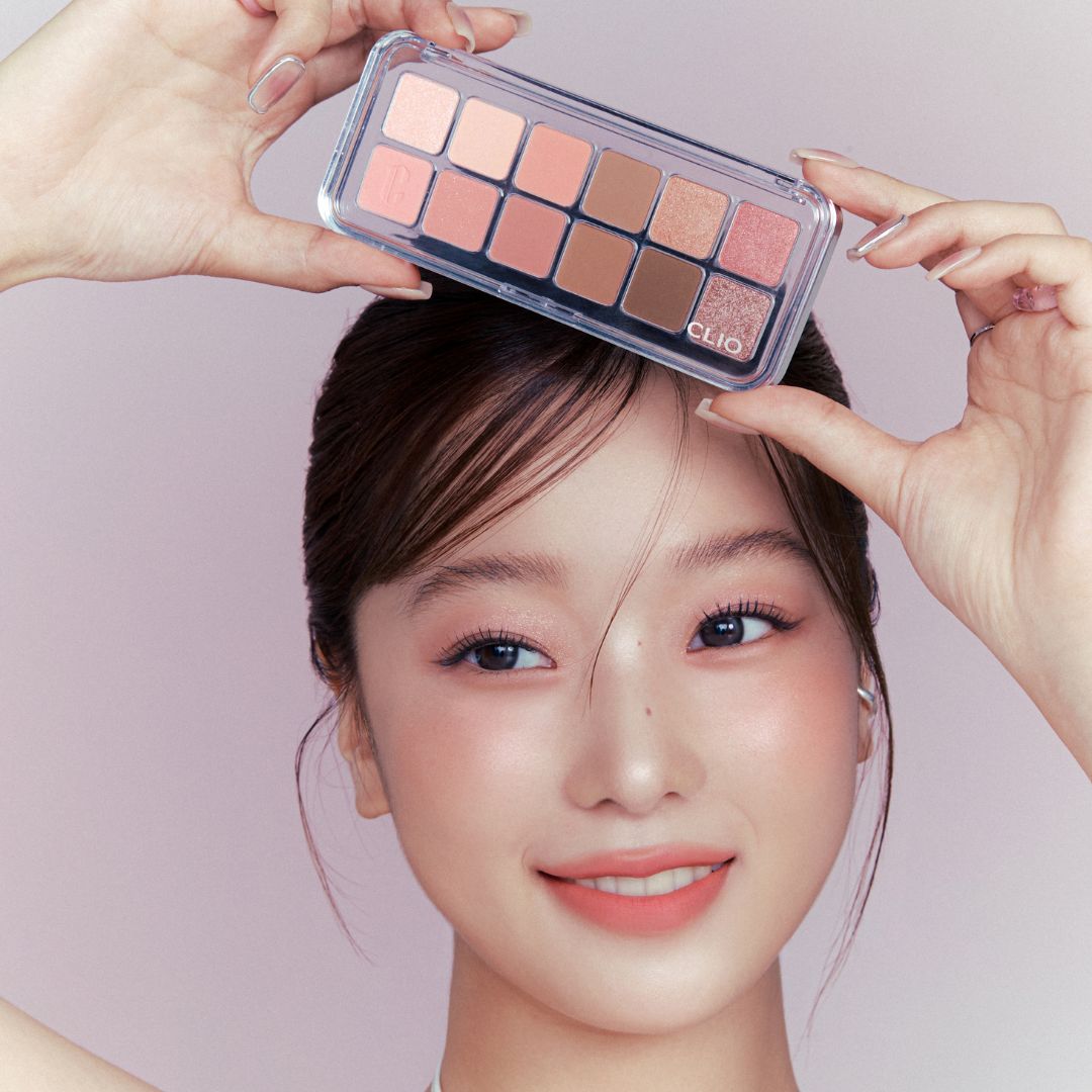 Clio Pro Eye Palette Air eyeshadow palette with neutral and shimmer shades, featuring multiple color options arranged in rows.