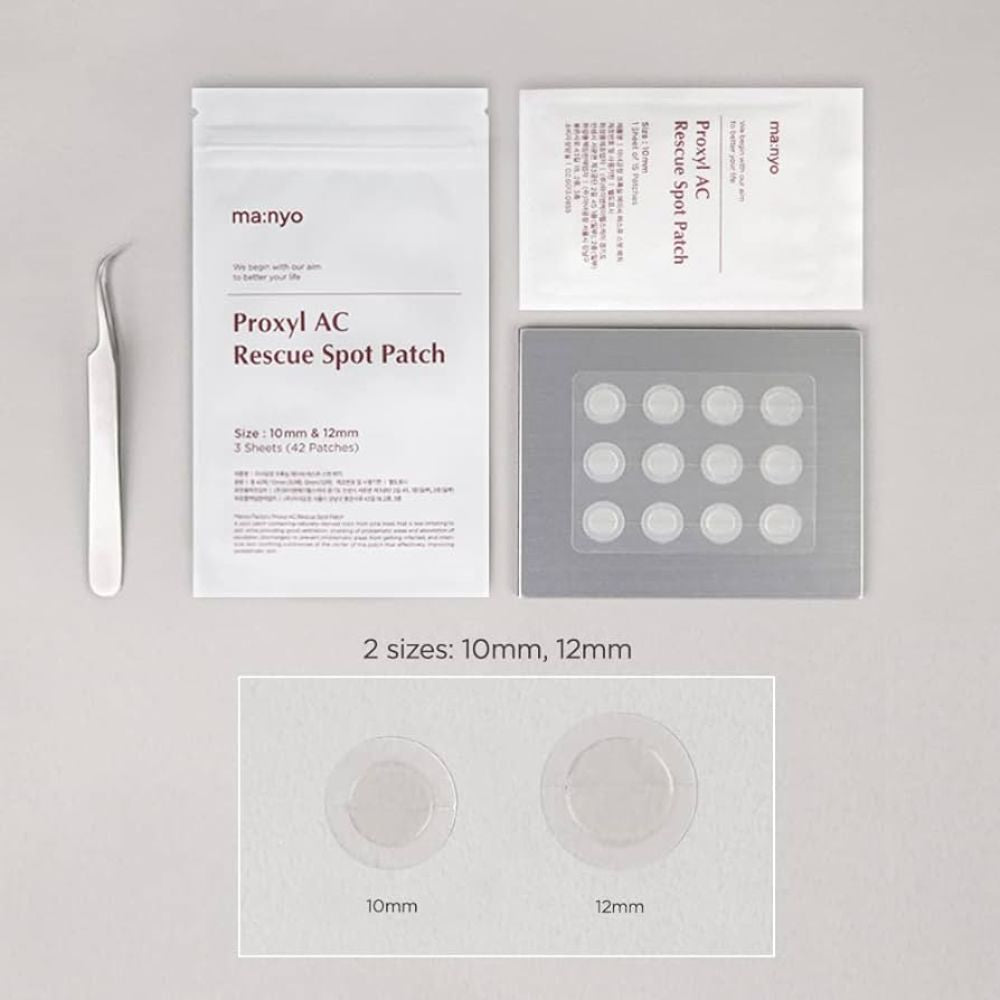 Ma:nyo AC Rescue Ampoule Spot Patch pack showing two clear acne spot patches on skin for targeted blemish treatment.