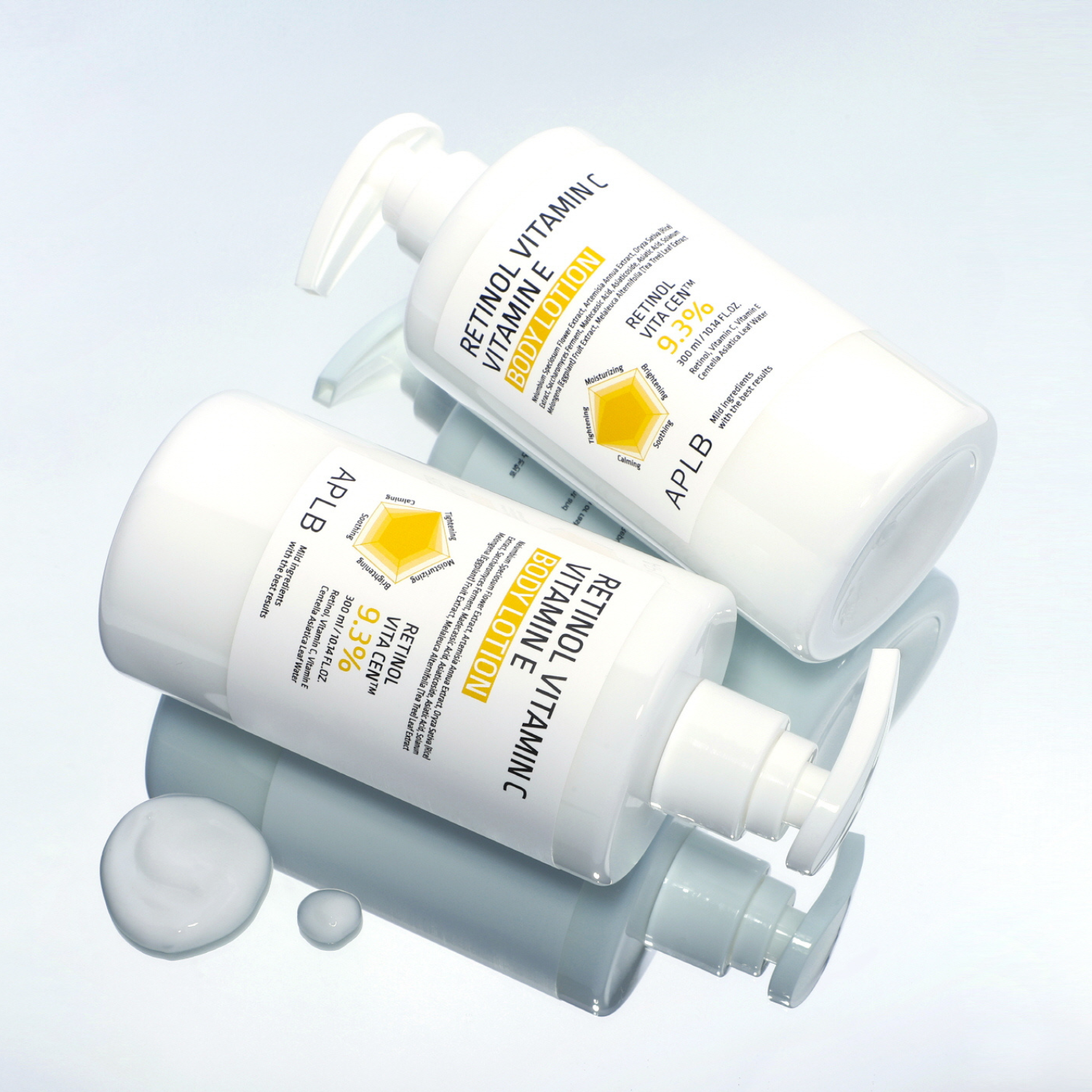 APLB Retinol, Vitamin C, and Vitamin E body lotion in a 300ml bottle, featuring a smooth, hydrating lotion with a creamy texture.