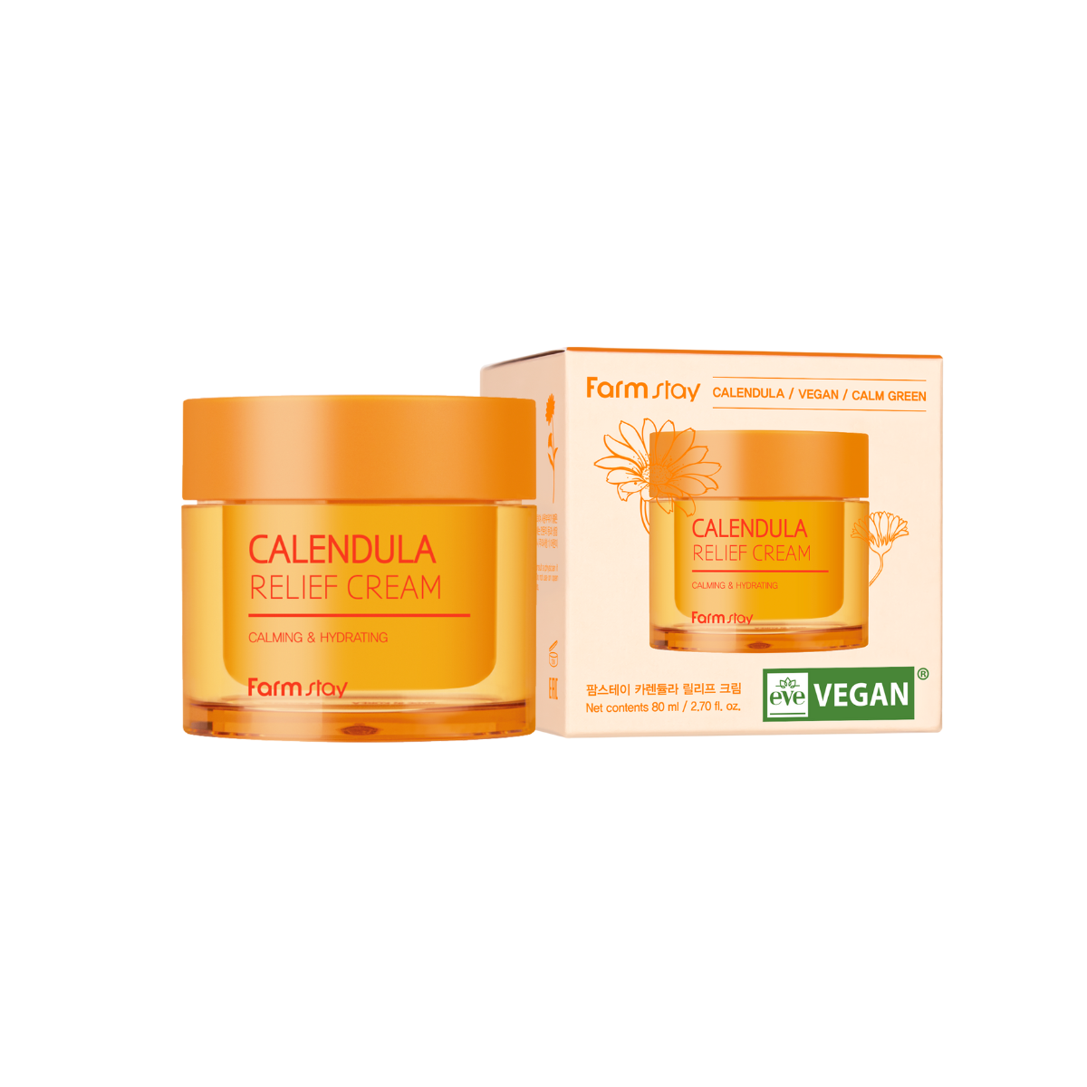 Farmstay Calendula Relief Cream face moisturizer in an 80ml jar with a smooth, creamy texture and calendula flower details visible.
