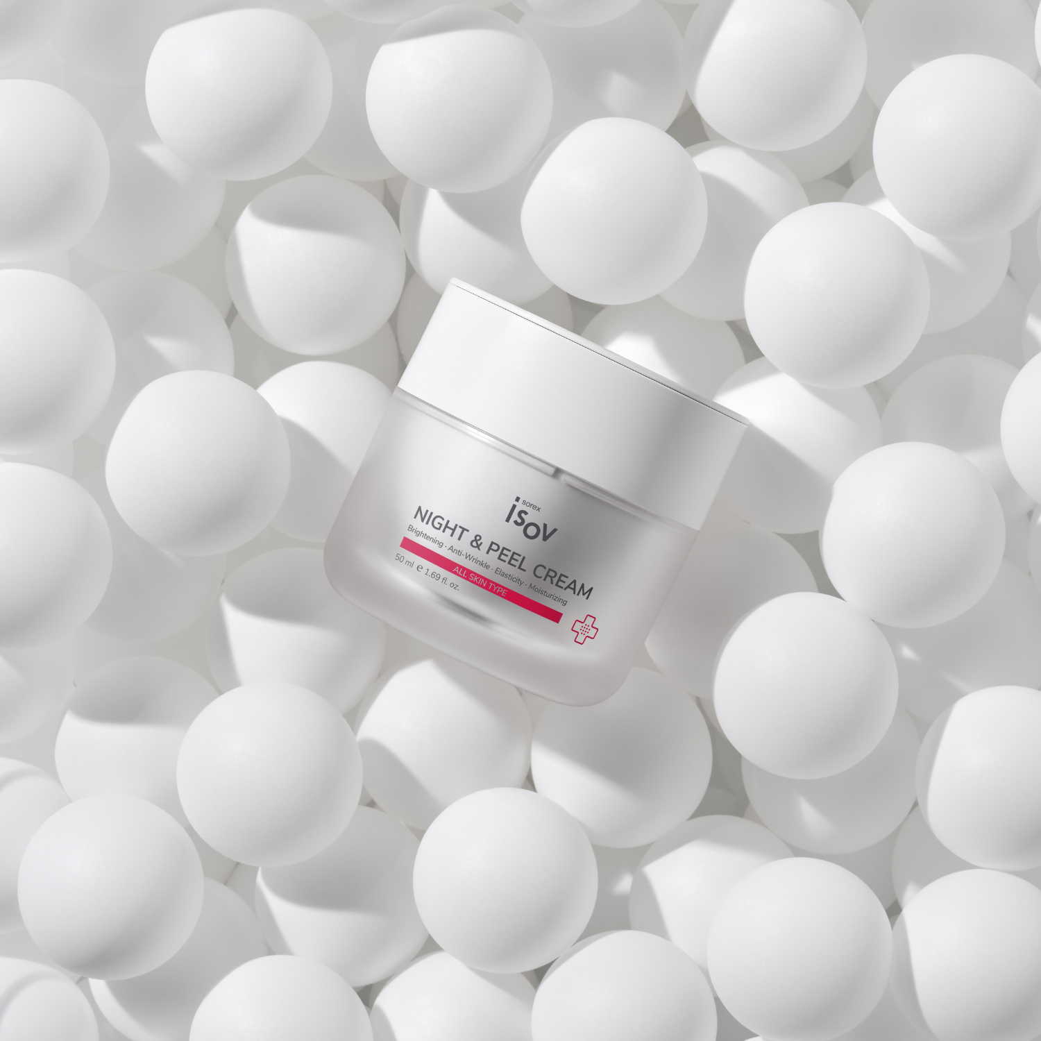 ISOV Night & Peel Cream 50ml jar showing the white cream inside a sleek container, suitable for nighttime skincare.