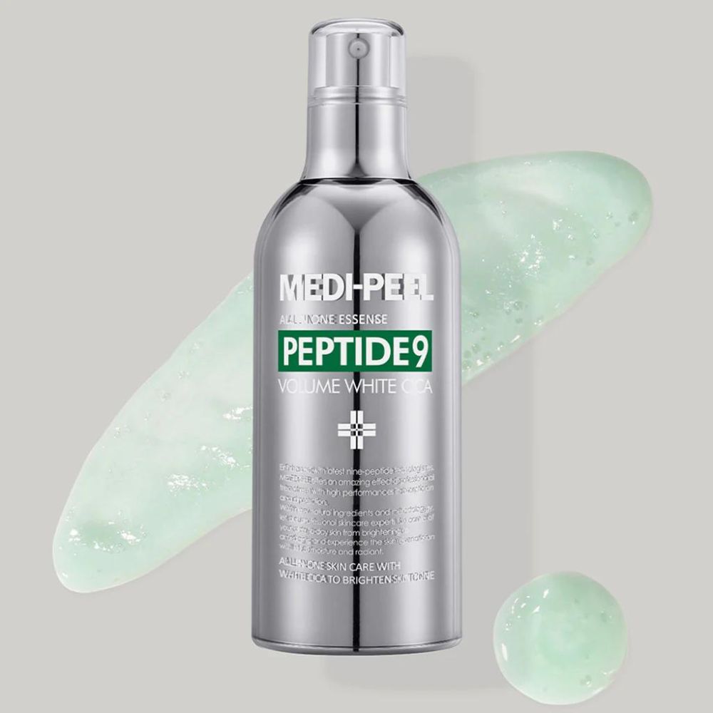 MEDIPEEL+ Peptide 9 Volume White Cica Essence bottle, 100mL, with clear packaging and white label, showcasing skincare product.