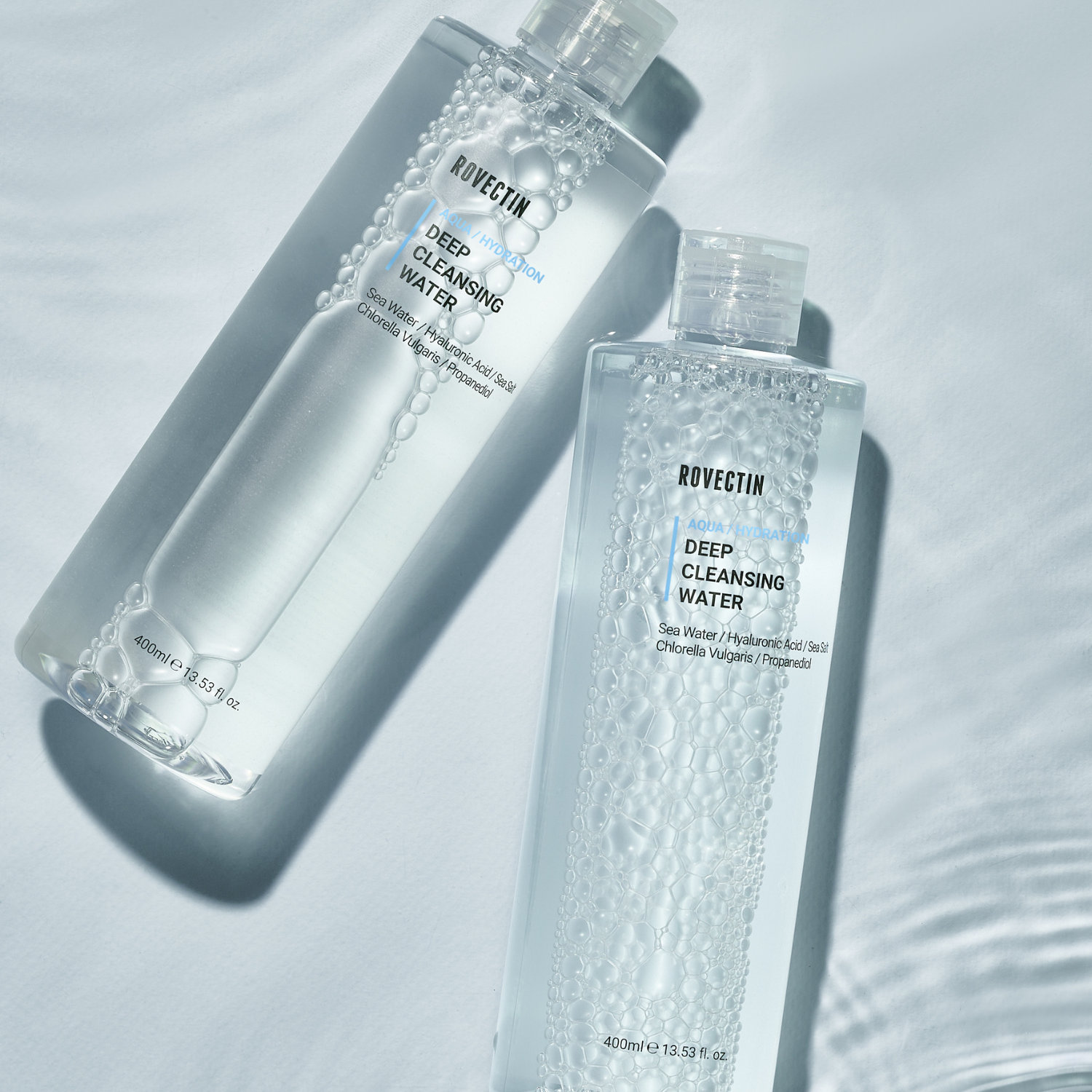 Rovectin Aqua Deep Cleansing Water 400ml gel and foam cleanser in clear bottle with pump dispenser, suitable for deep cleansing.