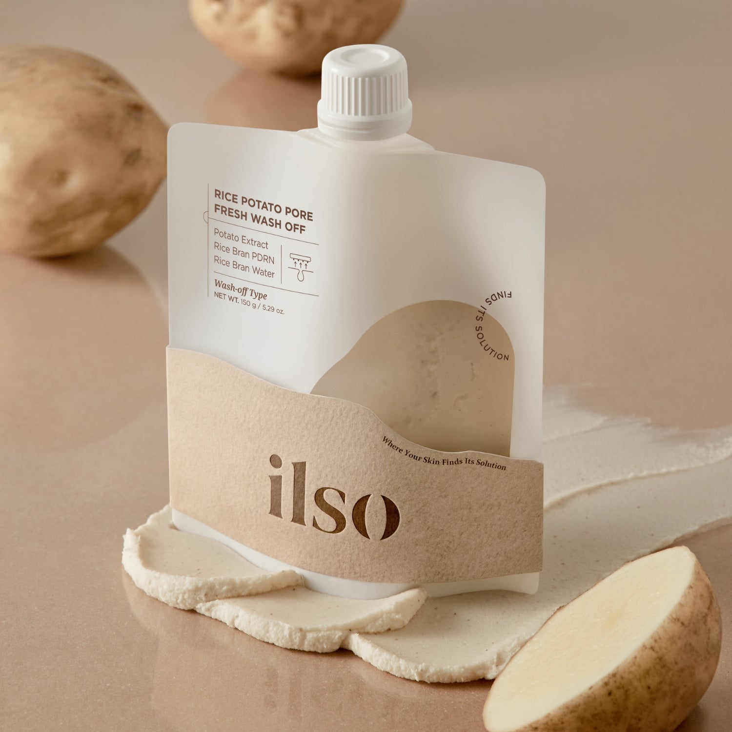 ILSO Rice Potato Pore Fresh Wash-Off Mask in 15g, showing the creamy mask with rice and potato extracts for pore cleansing.