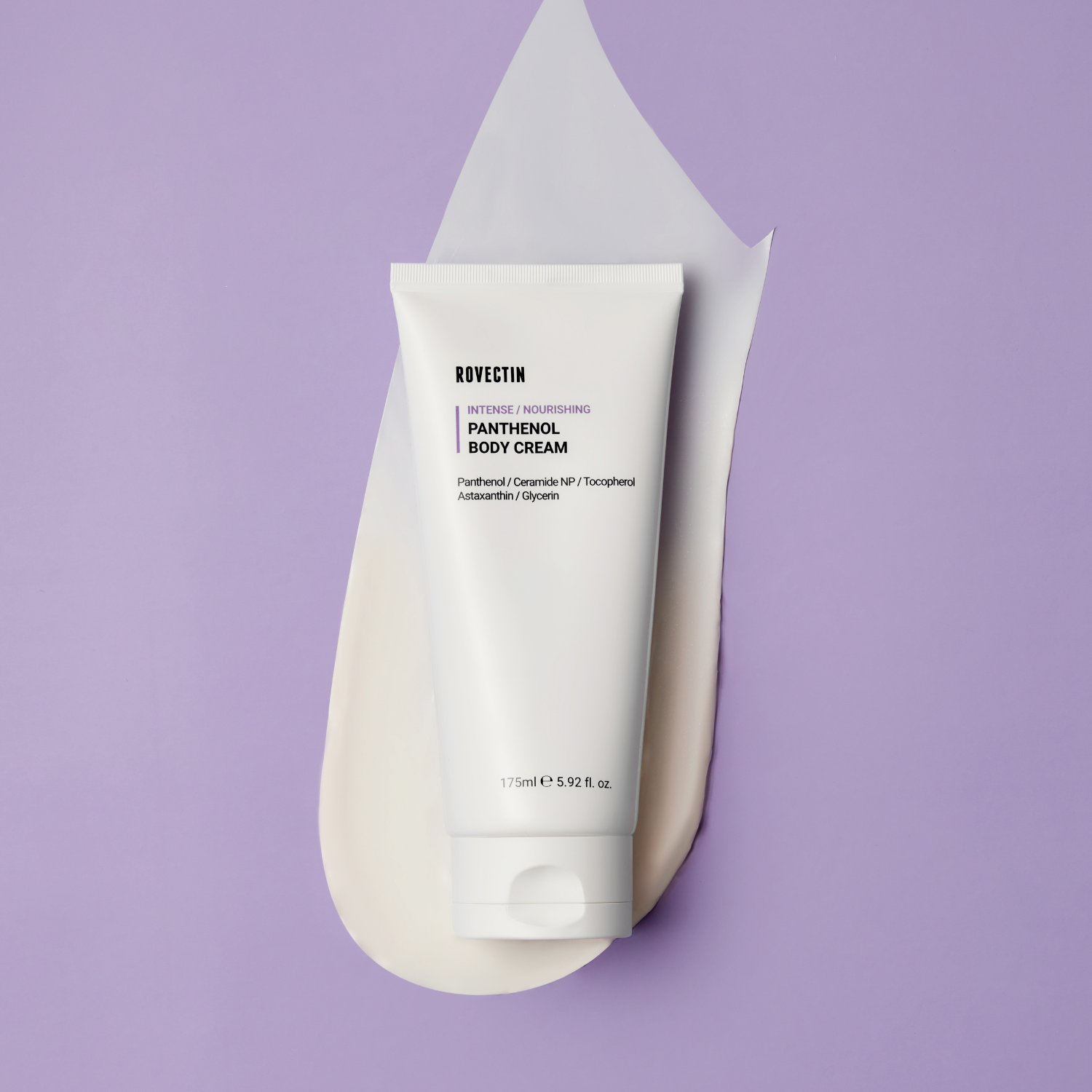 Rovectin Intense Panthenol Body Cream 175ml, face moisturizer with hydrating formula, shown in a white tube with blue accents.