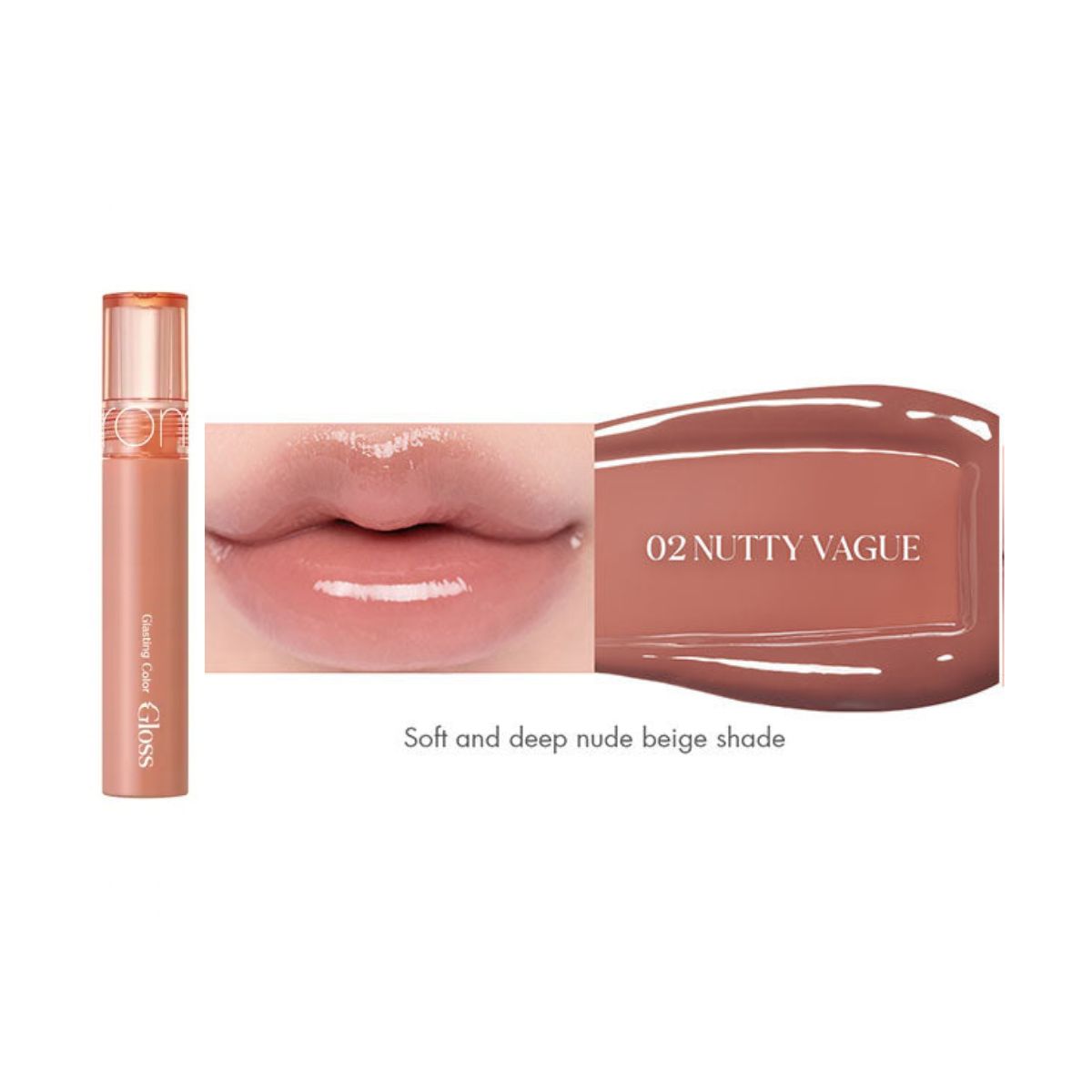 Rom&nd Glasting Color Gloss lip gloss in two shades, featuring glossy finish and vibrant color options for a radiant look.