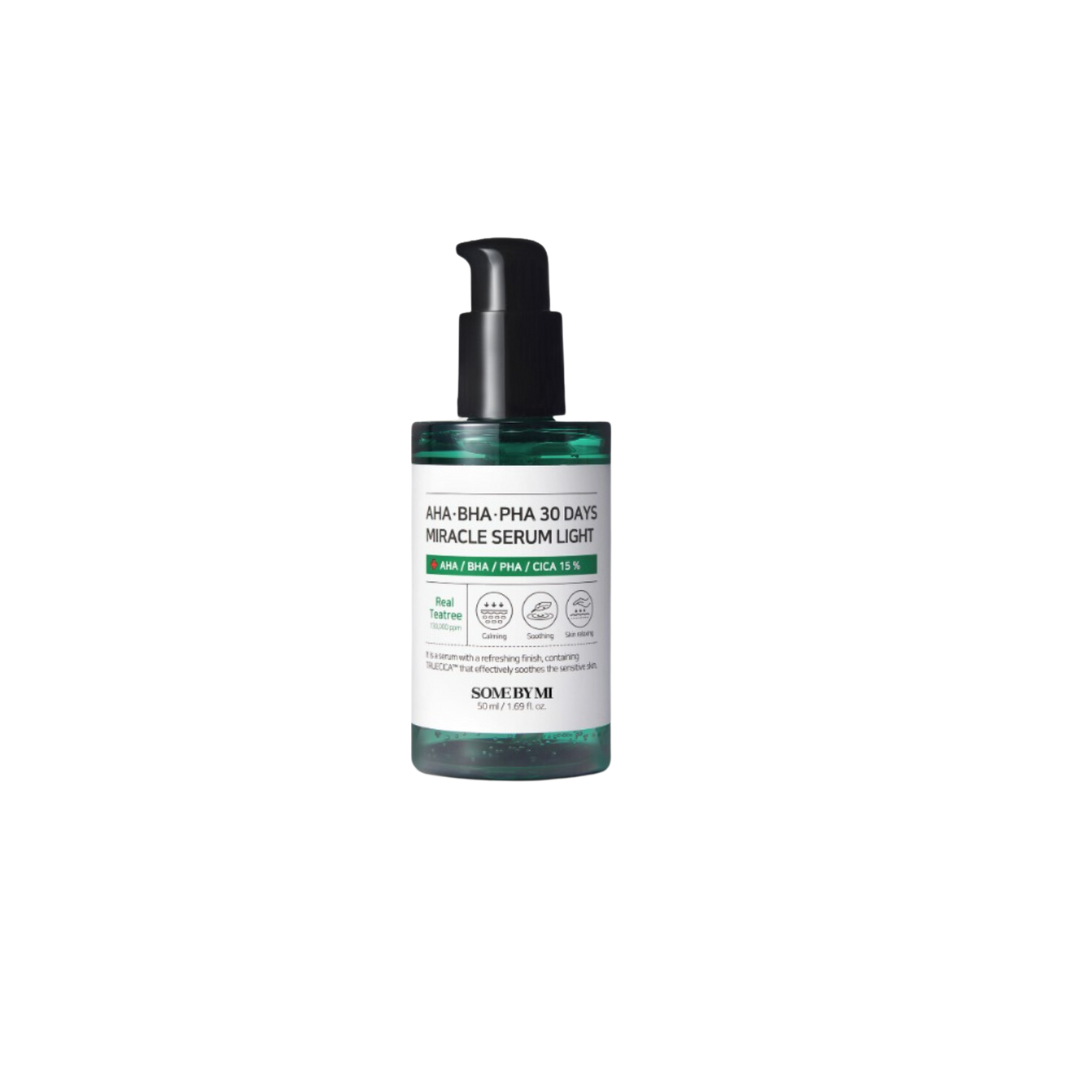 Some By Mi AHA, BHA, PHA 30 Days Miracle Serum Light 50ml, clear bottle with dropper, showing the serum inside.