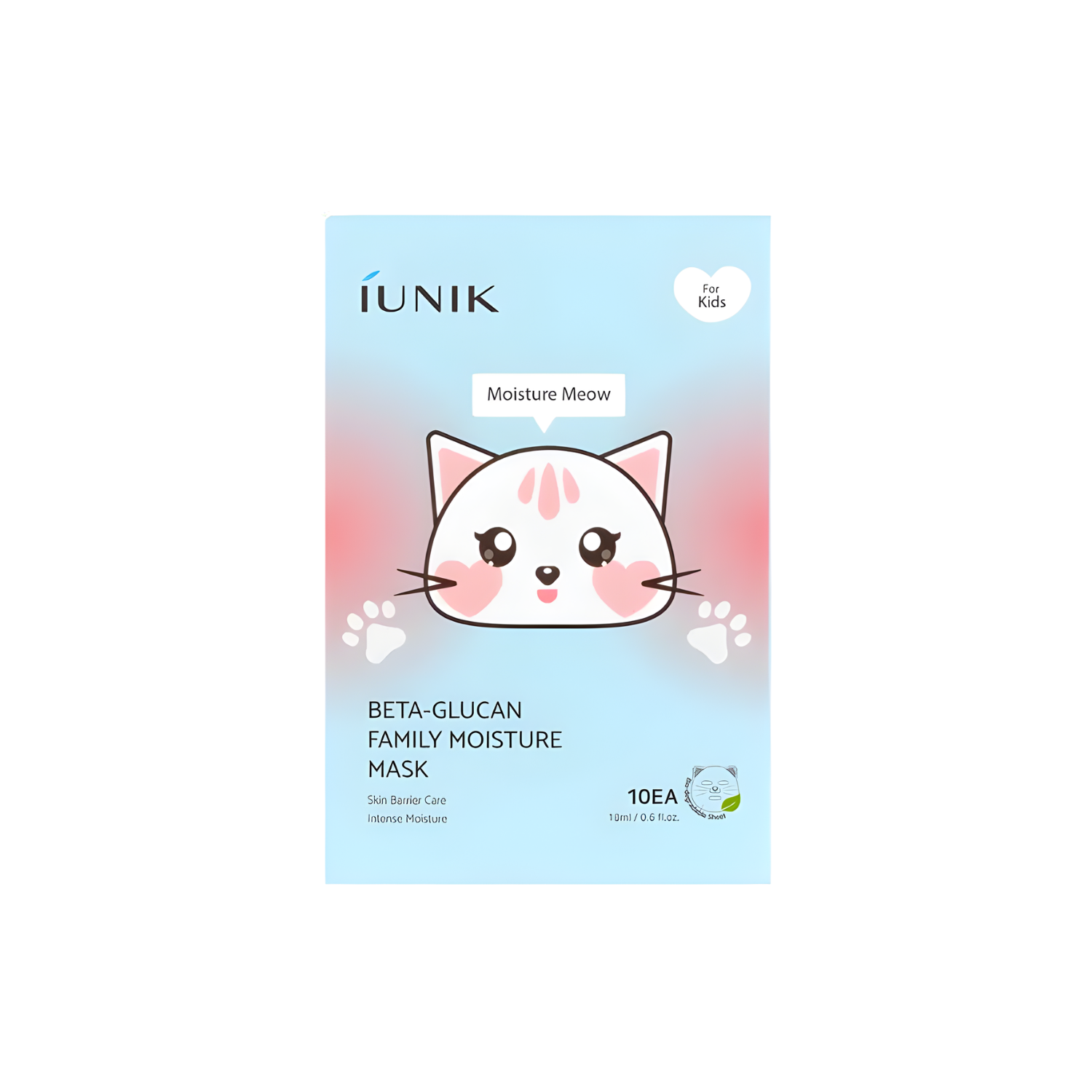 iUNIK Beta Glucan Family Moisture Mask sheet masks for kids, featuring soothing skincare ingredients in a box of 10.