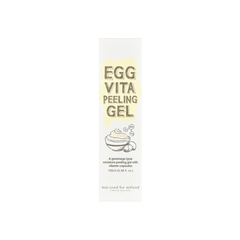 Too Cool For School Egg Vita Peeling Gel 100ml exfoliates skin with natural ingredients, featuring a gel texture in this product image.