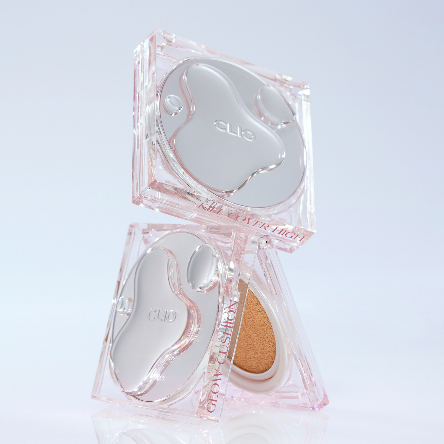 Clio Kill Cover High Glow Cushion Foundation with refill, showing three shades and the cushion compact with a high-glow finish.