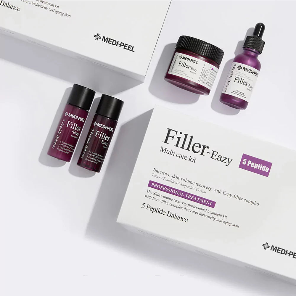 MEDIPEEL+ Eazy Filler Multi Care Kit with 30ml and 50g skincare products, featuring bottles and jars in a skincare set.
