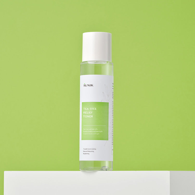 iUNIK Tea Tree Relief Toner 200ml bottle with clear liquid and minimalist label for soothing skin care.