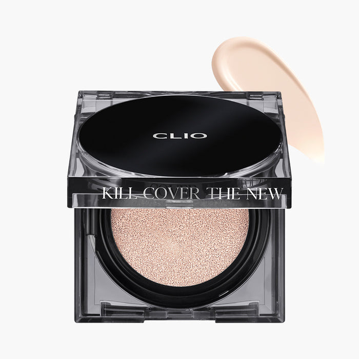 Clio Kill Cover The New Founwear Cushion foundation with refill, showing the compact case open with cushion and applicator.