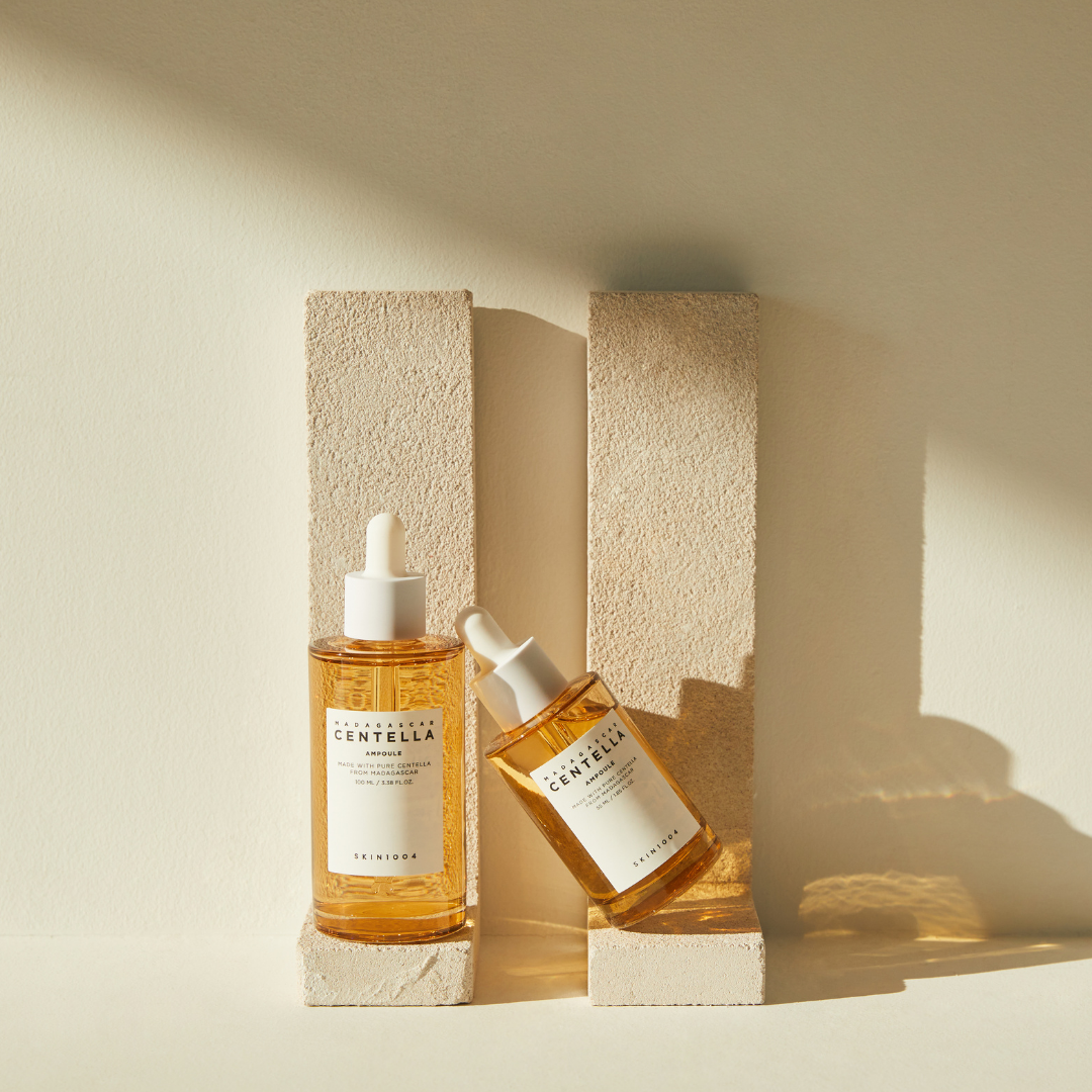 SKIN1004 Madagascar Centella Ampoule in a clear dropper bottle, showcasing its soothing skincare formula for sensitive skin.