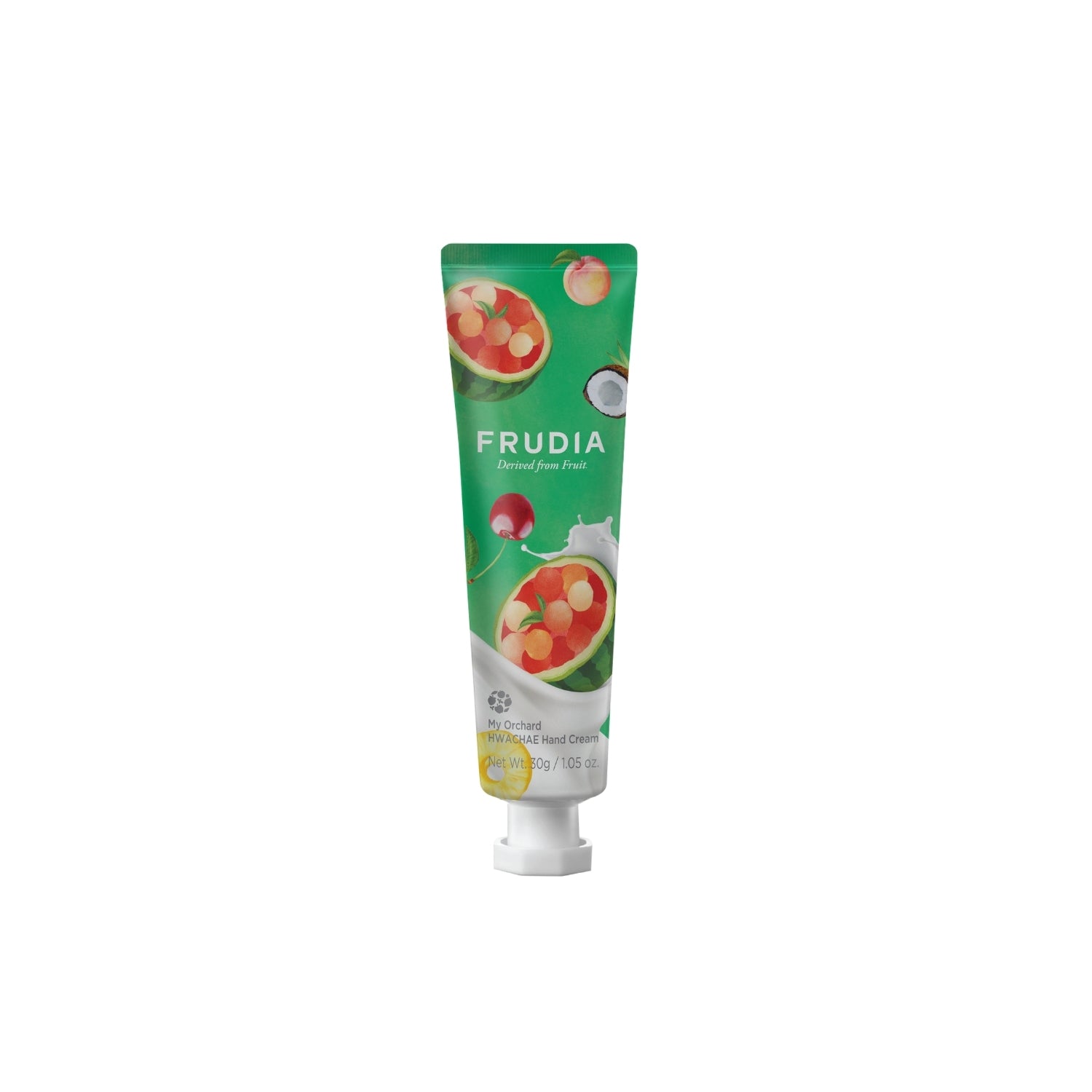 Frudia My Orchard Hand Cream tube with floral design, showcasing nourishing hand moisturizer in a soft, pastel-colored container.