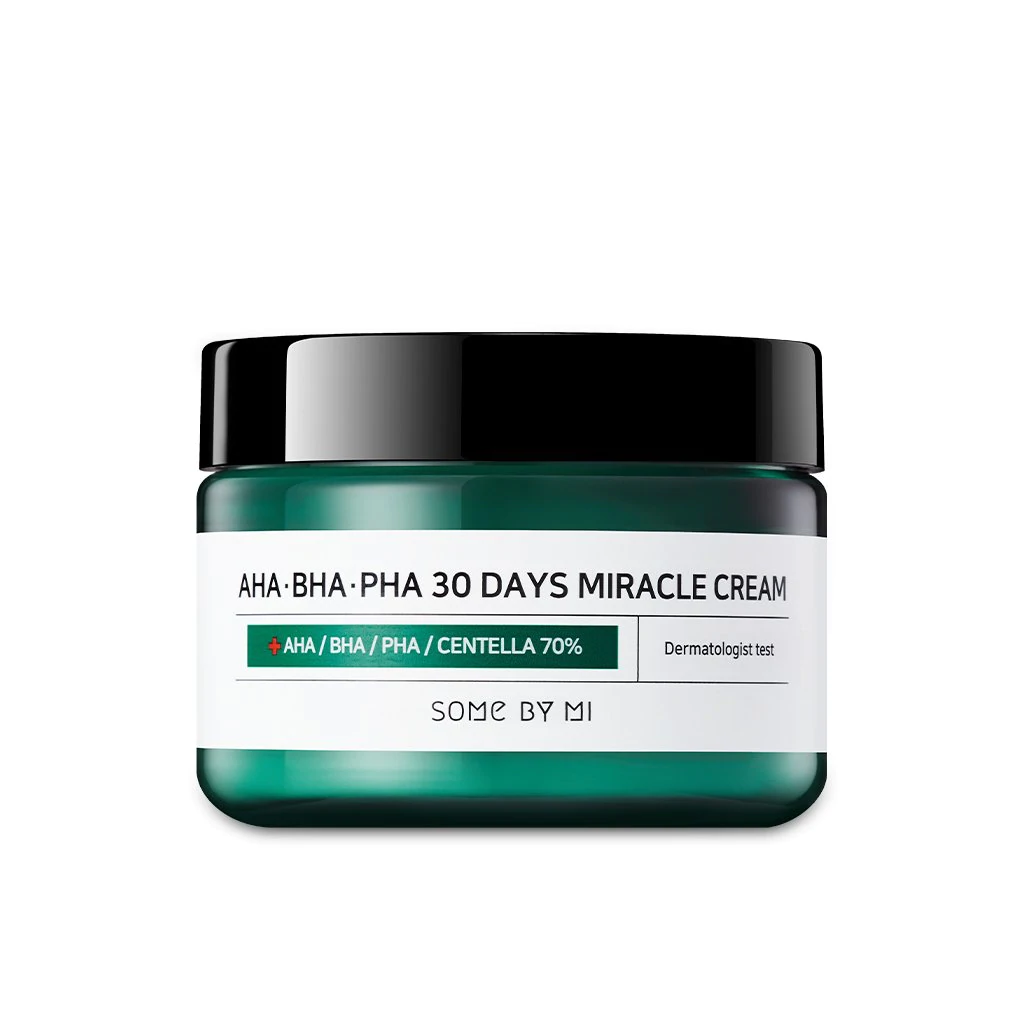 Some By Mi AHA BHA PHA 30 Days Miracle Cream 60g, a face moisturizer in a white jar with a green label and pump dispenser.