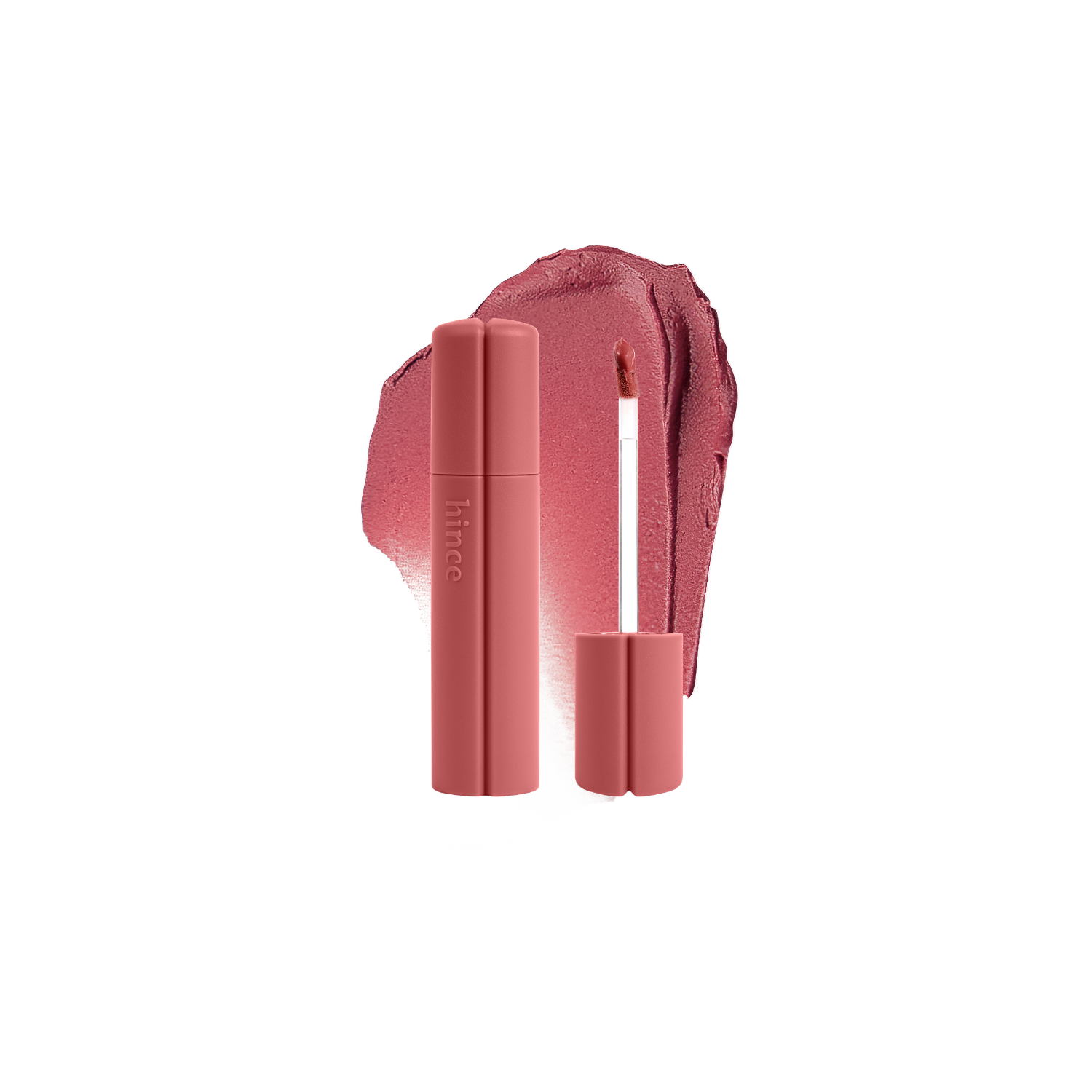 Hince Nu Blur Tint lip tint in a natural pink shade, displayed on a model's lips with smooth, glossy finish and subtle color.