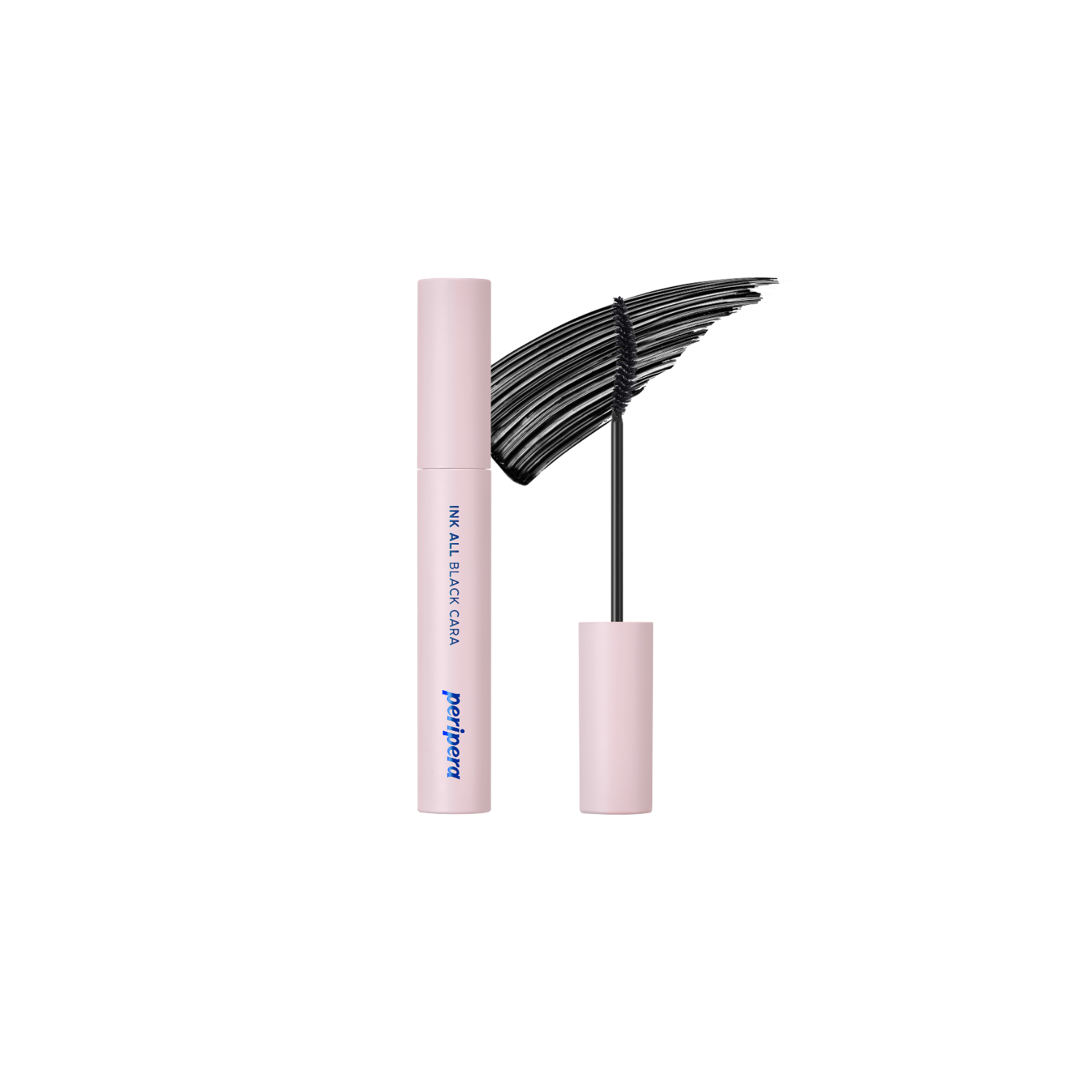 Peripera Ink All Black Cara mascara with curved brush for voluminous, lengthened lashes in sleek black tube.