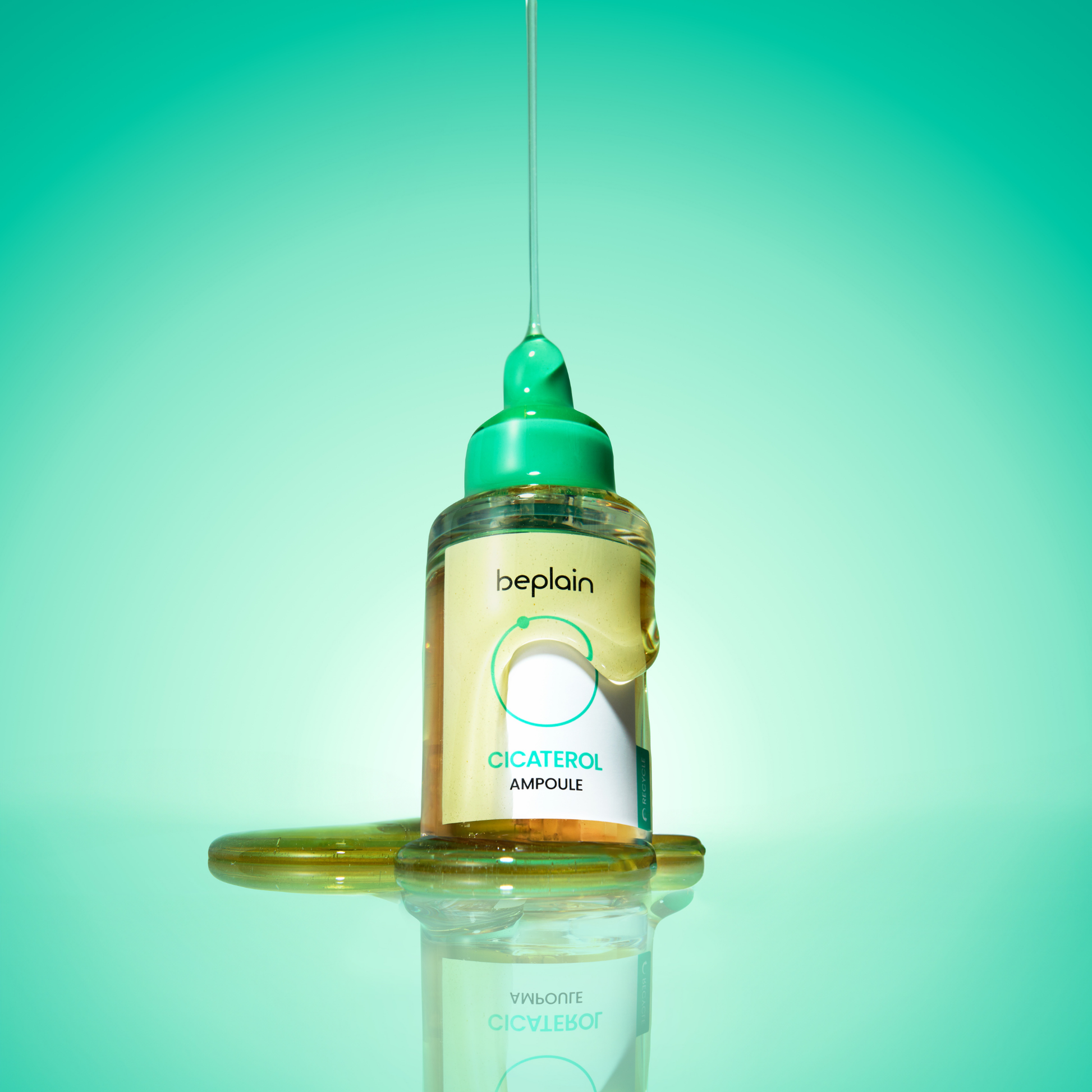 Beplain Cicaterol Ampoule 30ml, clear glass vial with dropper cap, containing skincare treatment for scars and skin healing.