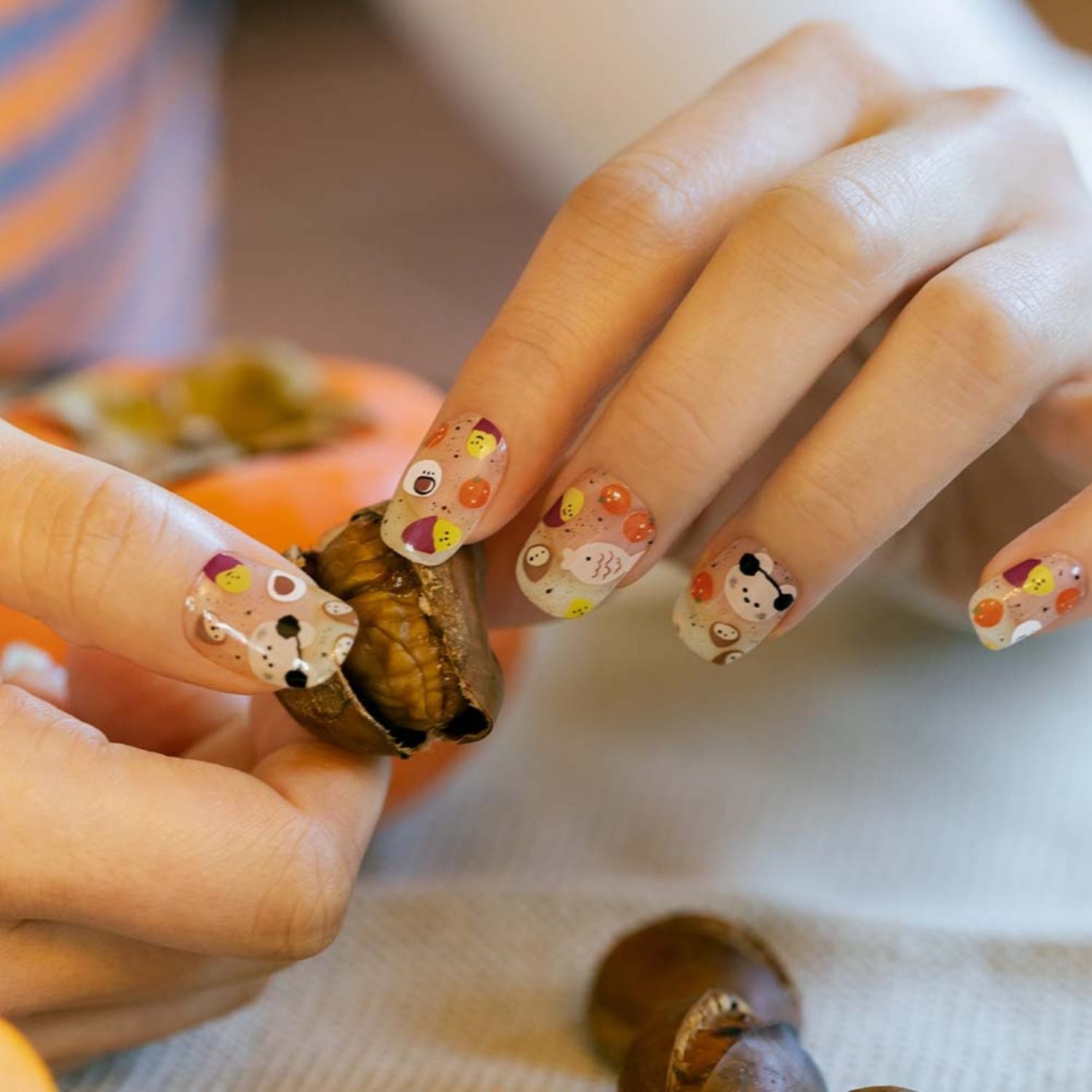 Ohora Semi-Cured Gel Nails in N Street Food style, showcasing vibrant, glossy nail design with colorful, street food-inspired patterns.
