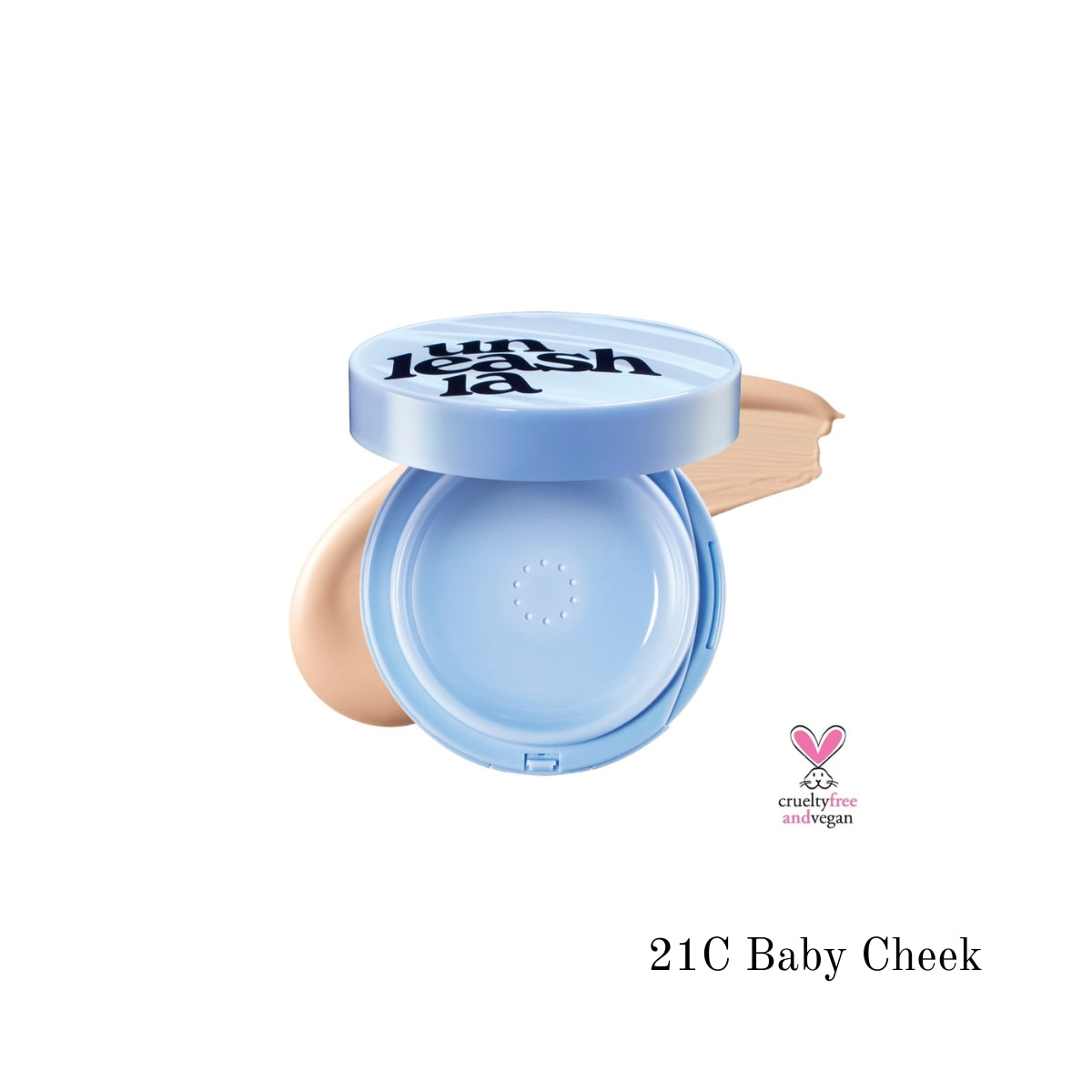 Unleashia Babe Skin Baby Blue Cushion Foundation compact with open lid showing the cushion applicator inside.