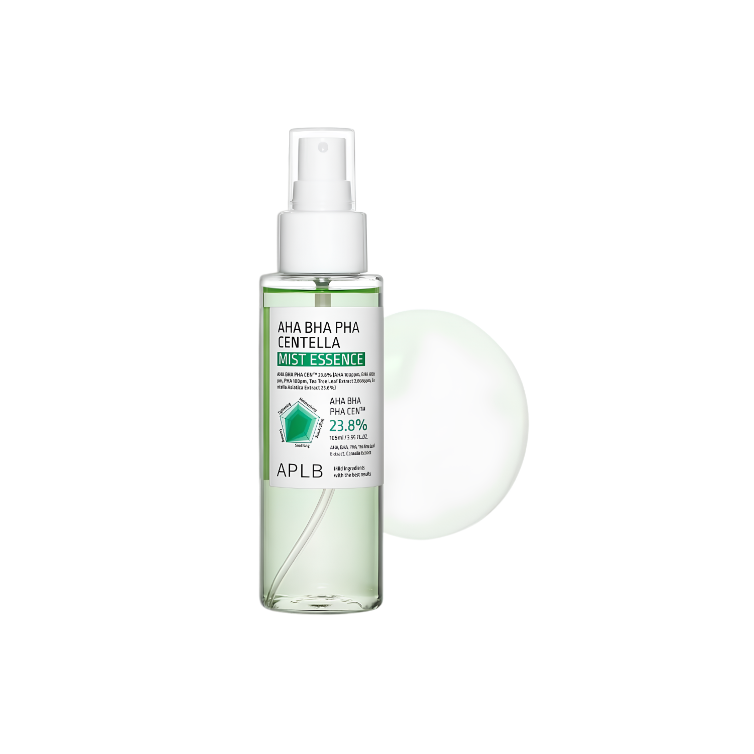 AHA BHA PHA Centella Mist Essence in 105ml bottle, facial mist with soothing ingredients, suitable for refreshing and hydrating skin.