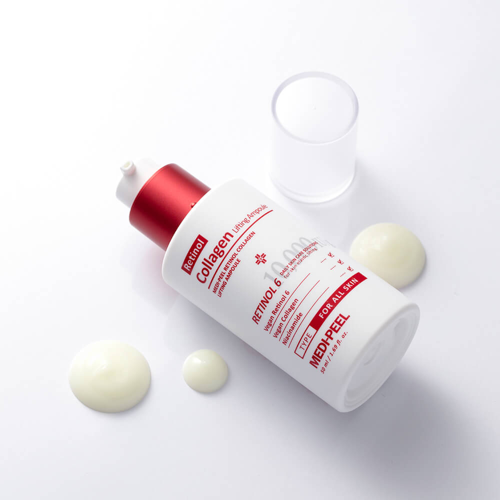 MEDIPEEL+ Retinol Collagen Lifting Ampoule 50ml, clear glass bottle with dropper, showing the skincare product ready for application.