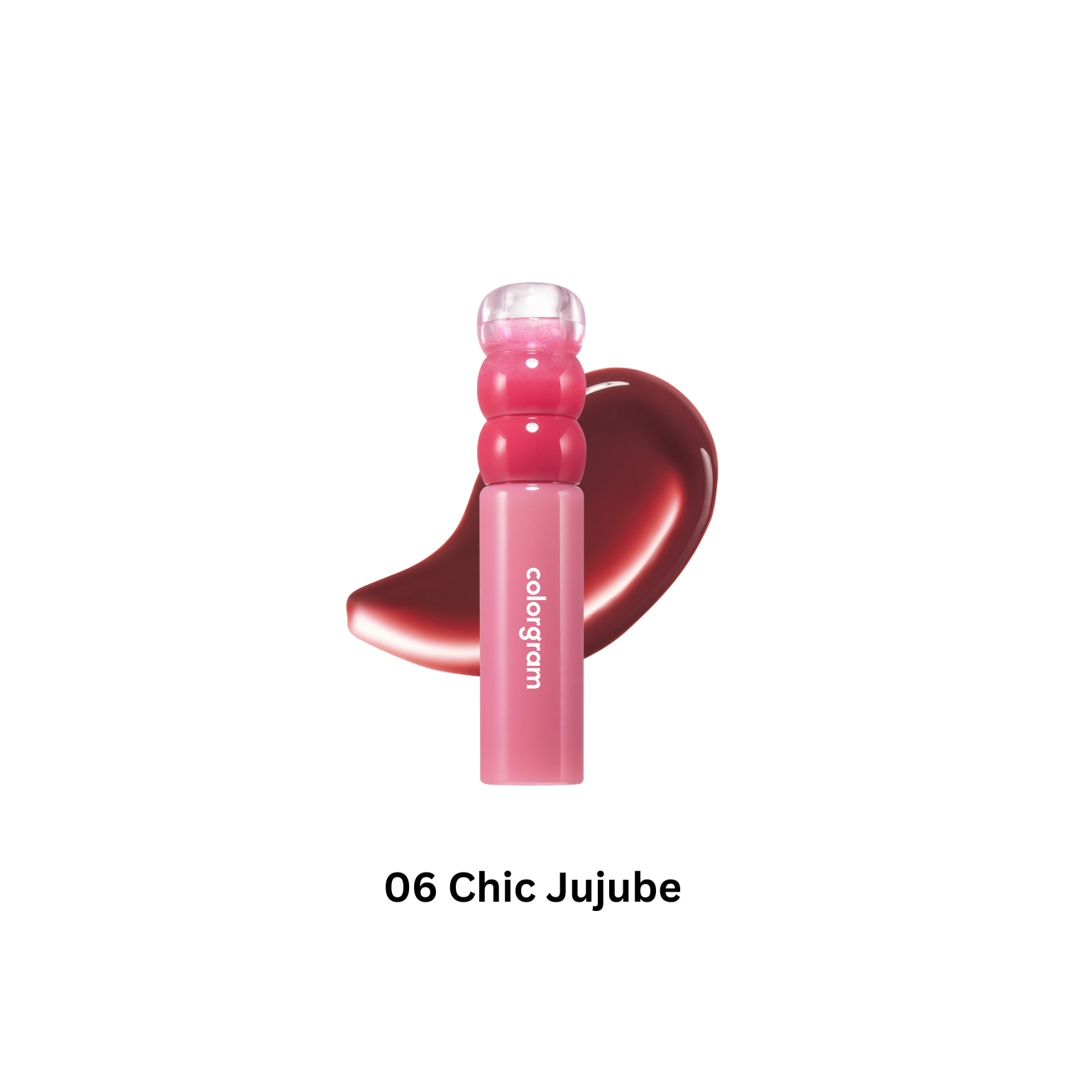 Colorgram Fruity Water Lip Tint in vibrant pink, showcasing a smooth, glossy texture on a clear, transparent container.