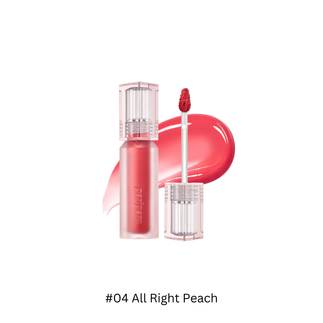 Peripera Water Bare Tint lip tint in a clear glass bottle with a white cap, showcasing a vibrant pink color.