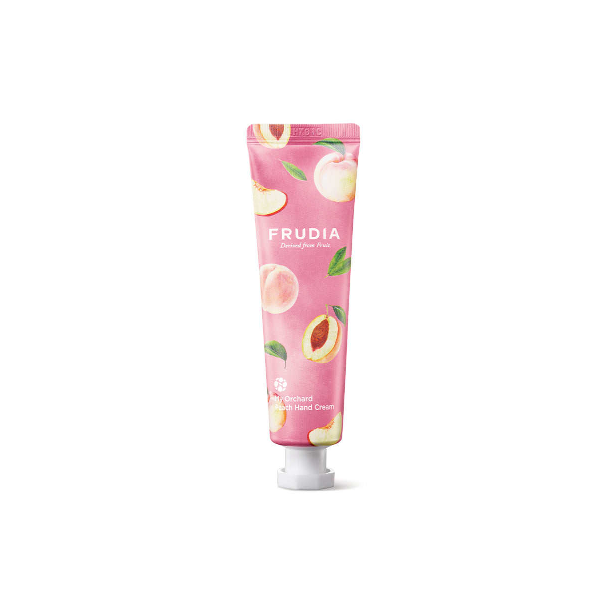 Frudia My Orchard Hand Cream tube with floral design, showing creamy texture and vibrant packaging.