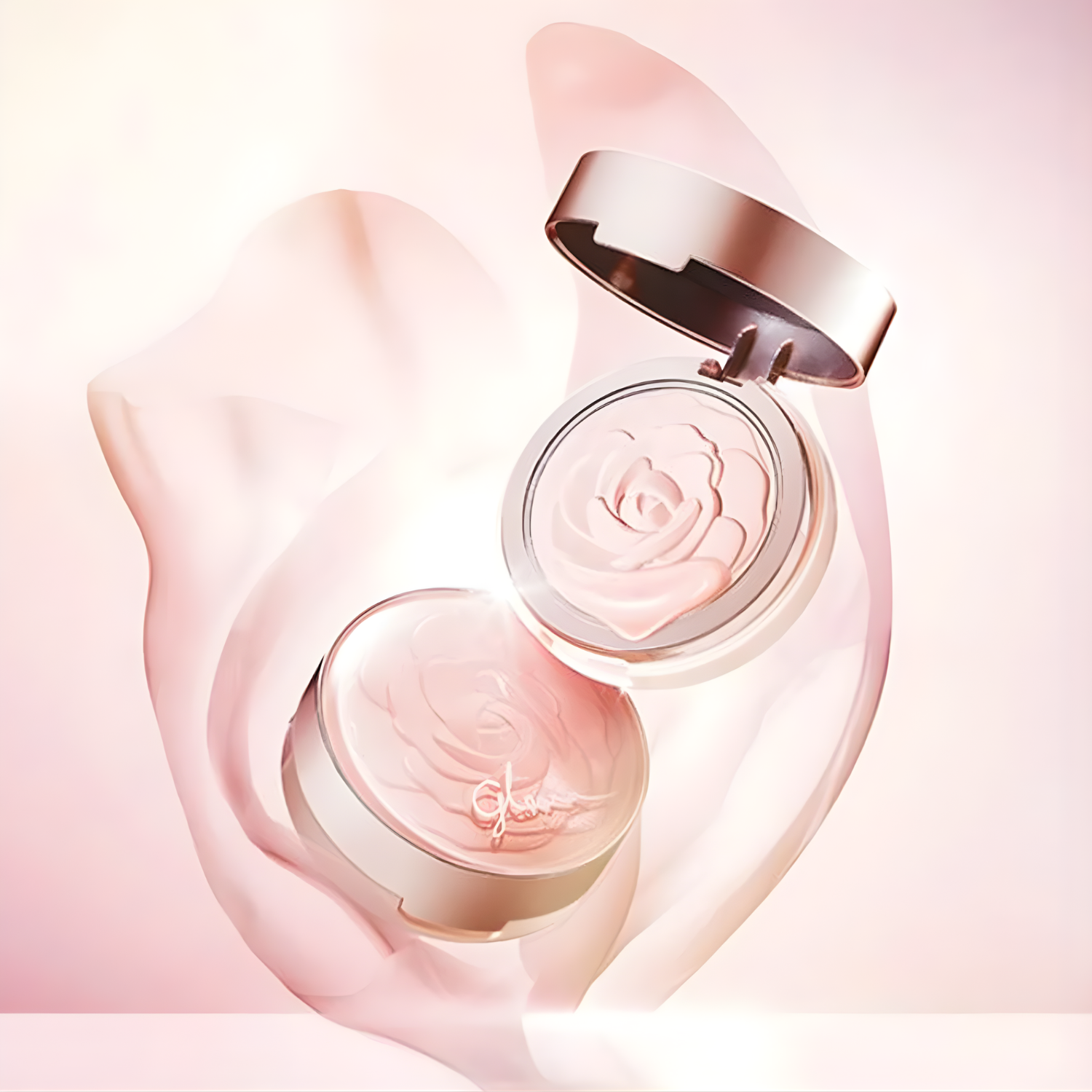 Missha Glow Tone Up Rose Pact, a tone-up cream in a compact with rosy floral design and a mirror inside.