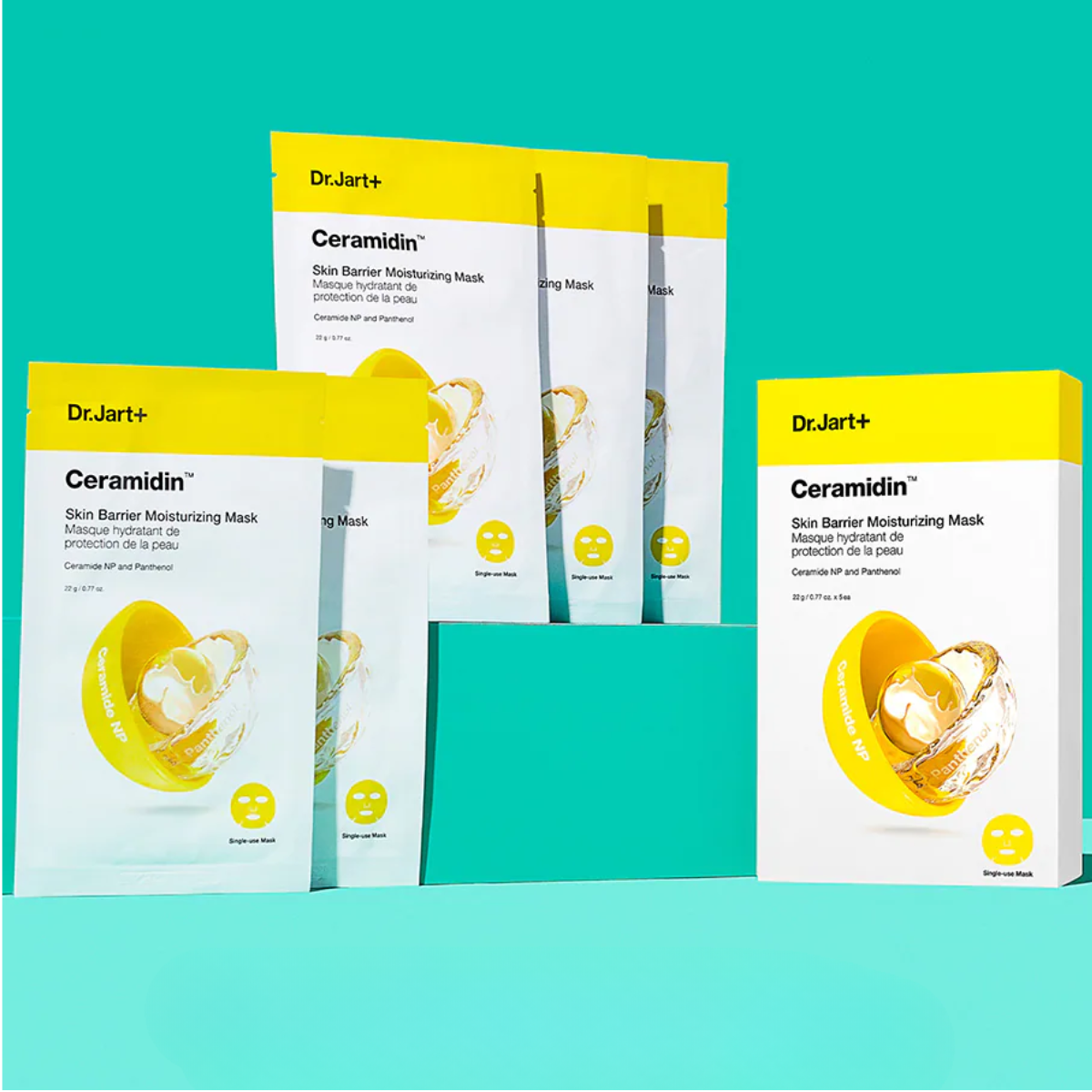 Dr. Jart+ Ceramidin Skin Barrier Moisturizing Sheet Mask shown on a white background, designed to hydrate and strengthen skin.