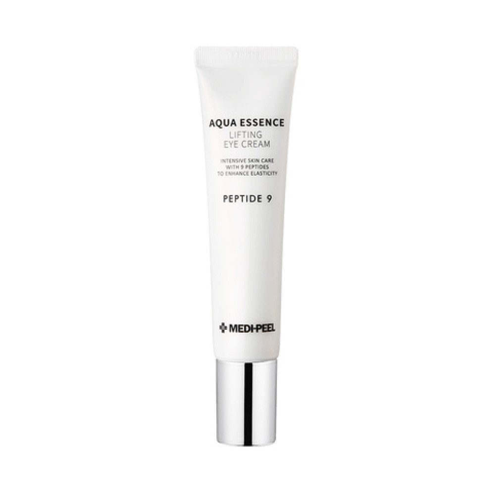 MEDI-PEEL Peptide 9 Aqua Essence lifting eye cream in a 40ml jar, showing the sleek packaging and product label.