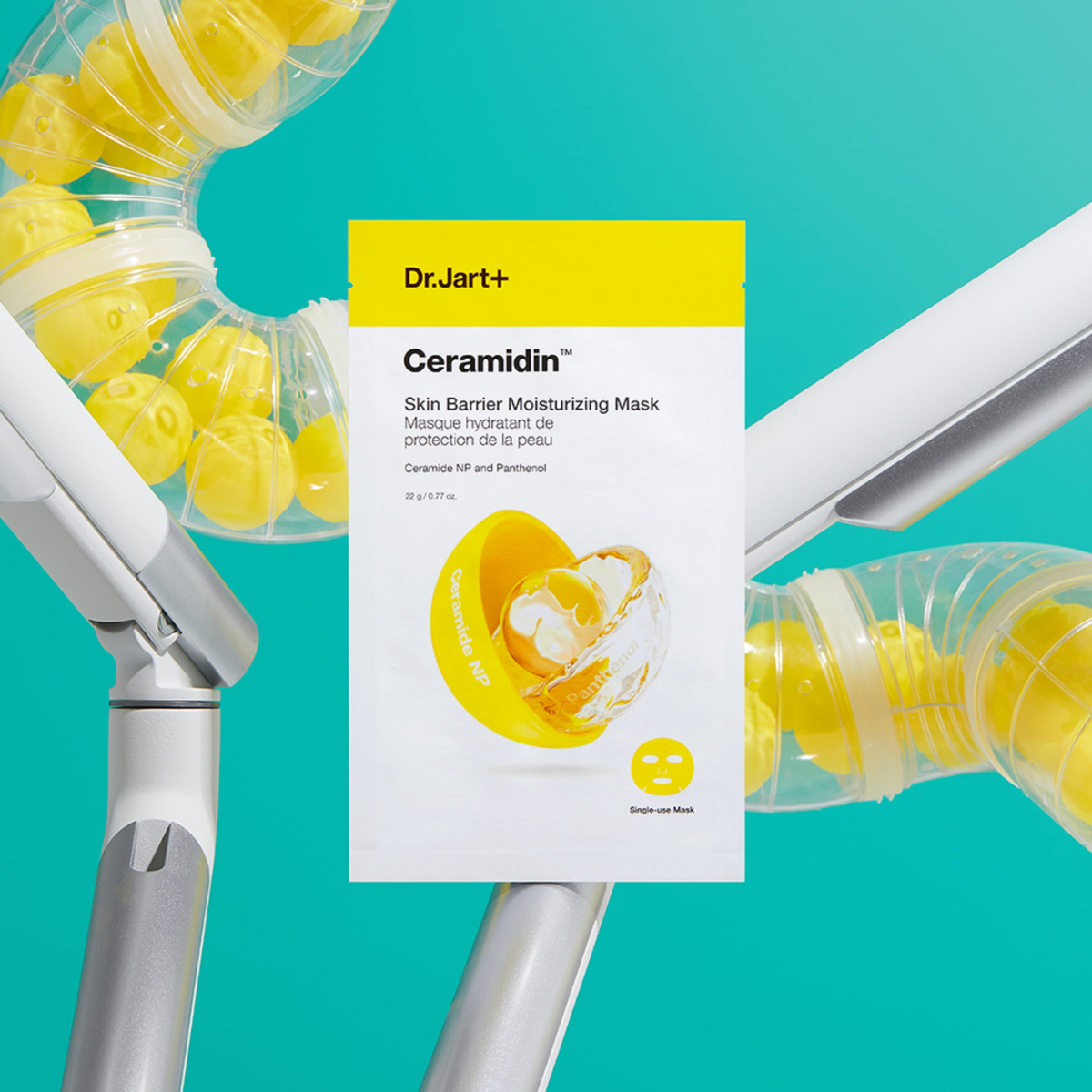 Dr. Jart+ Ceramidin Skin Barrier Moisturizing Sheet Mask laid flat, showing the mask's soft, hydrating sheet material for skincare.