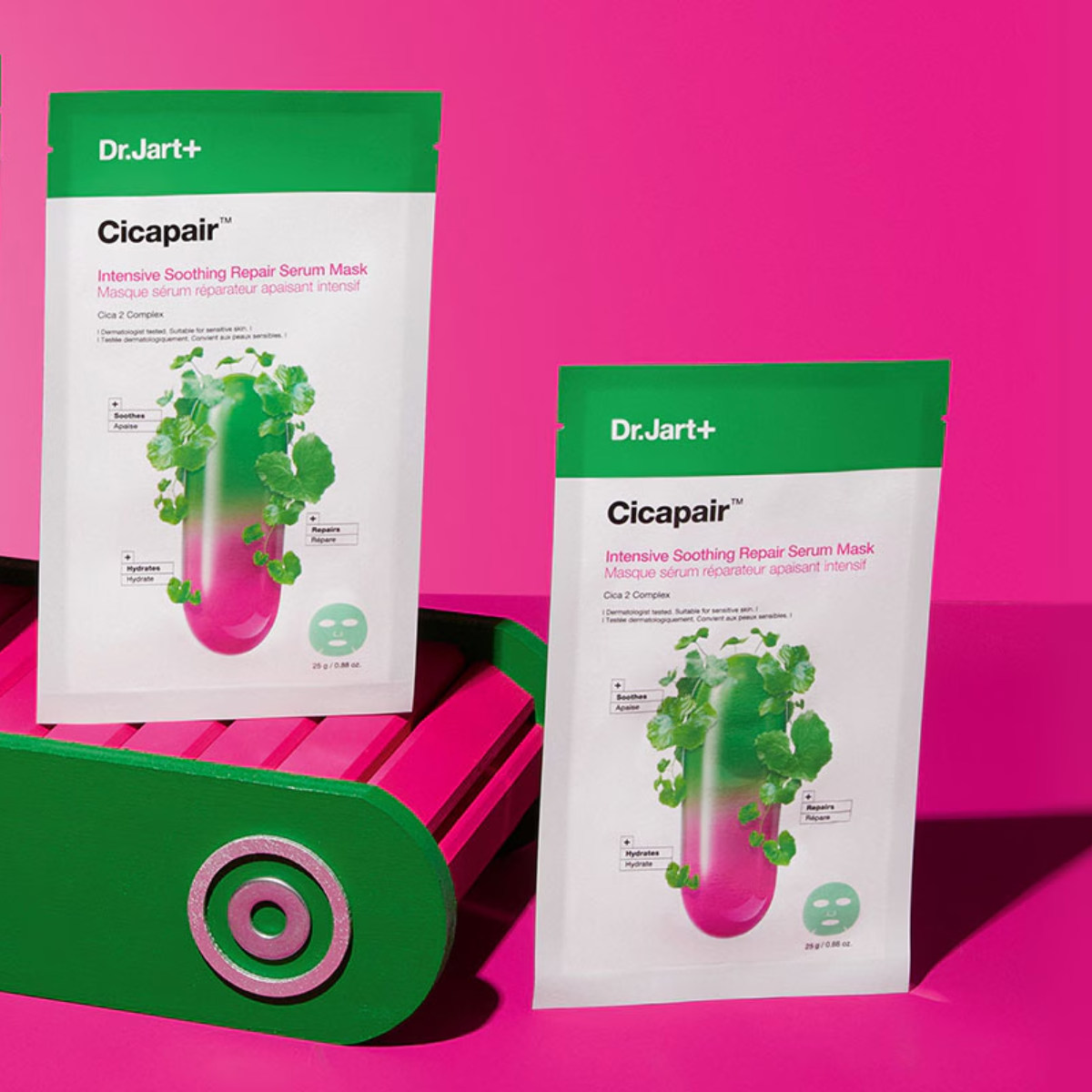 Dr. Jart+ Cicapair Intensive Soothing Repair Serum Sheet Mask draped on a face, providing calming skincare treatment.