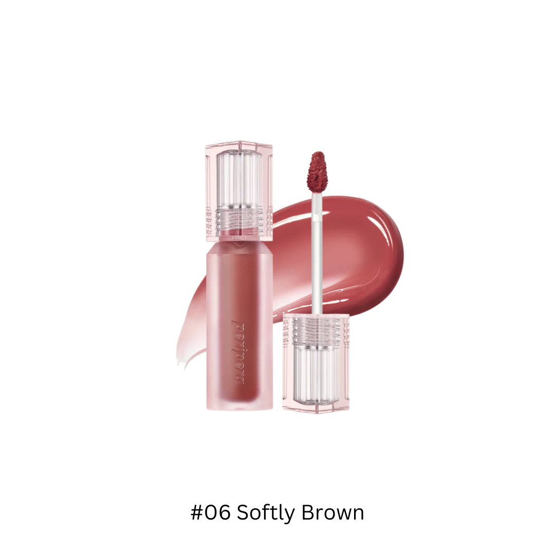 Peripera Water Bare Tint lip tint in a clear bottle, showcasing a vibrant coral shade with a glossy finish.