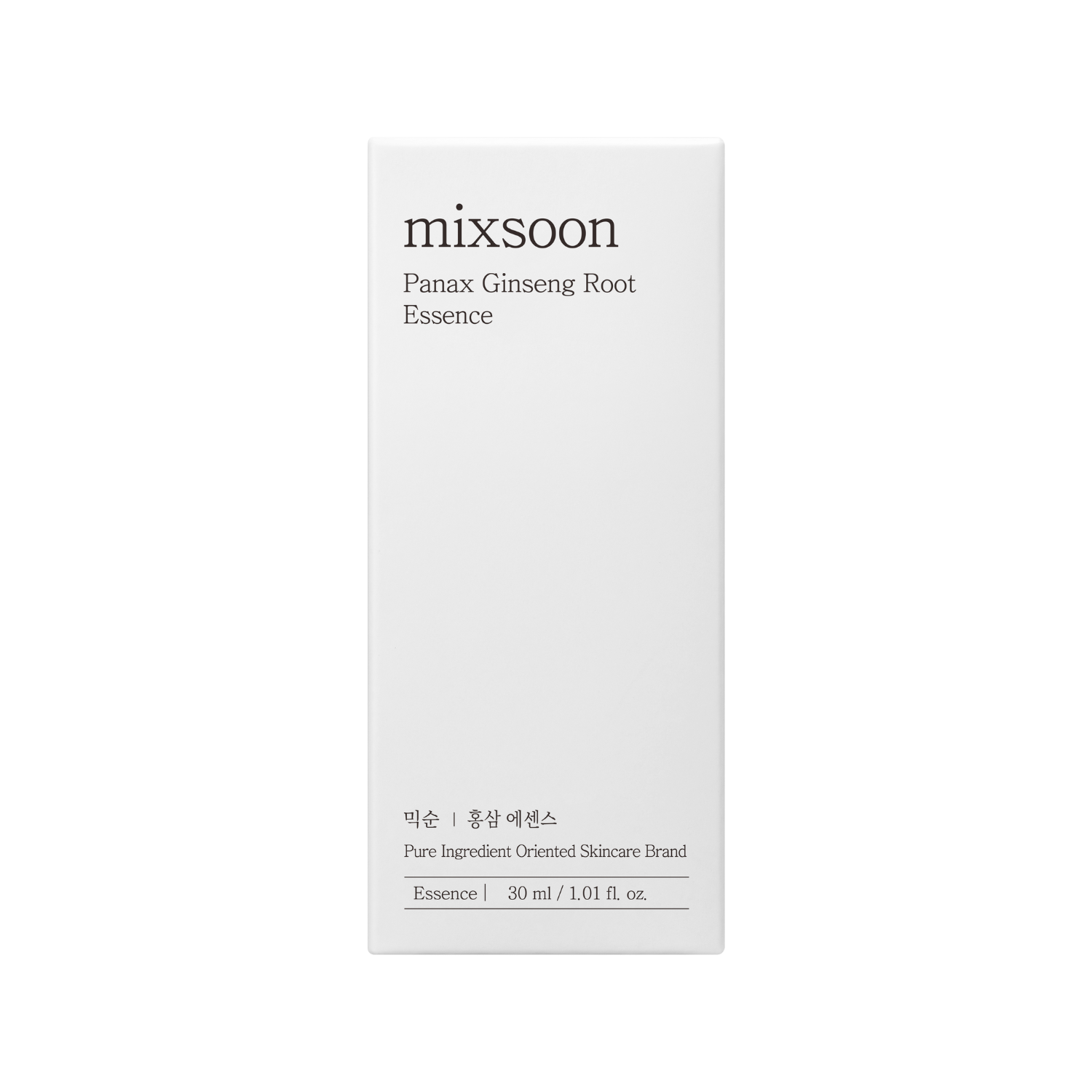 Panax Ginseng Root Essence bottle from Mixsoon, 100ml, with ginseng root and essence liquid inside a clear glass bottle.