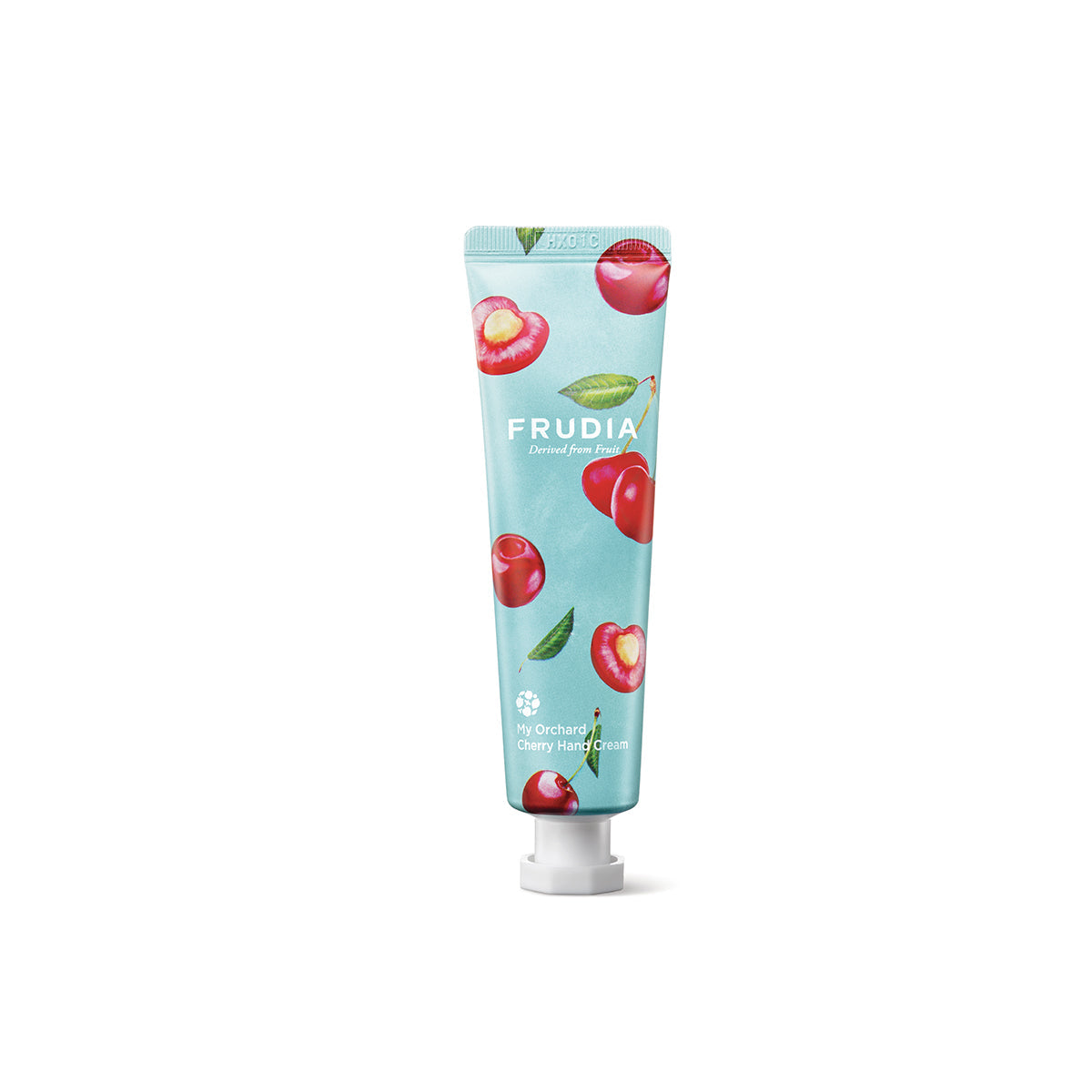 Frudia My Orchard Hand Cream tube showing fresh fruit and botanical ingredients, designed for nourishing and moisturizing hands.