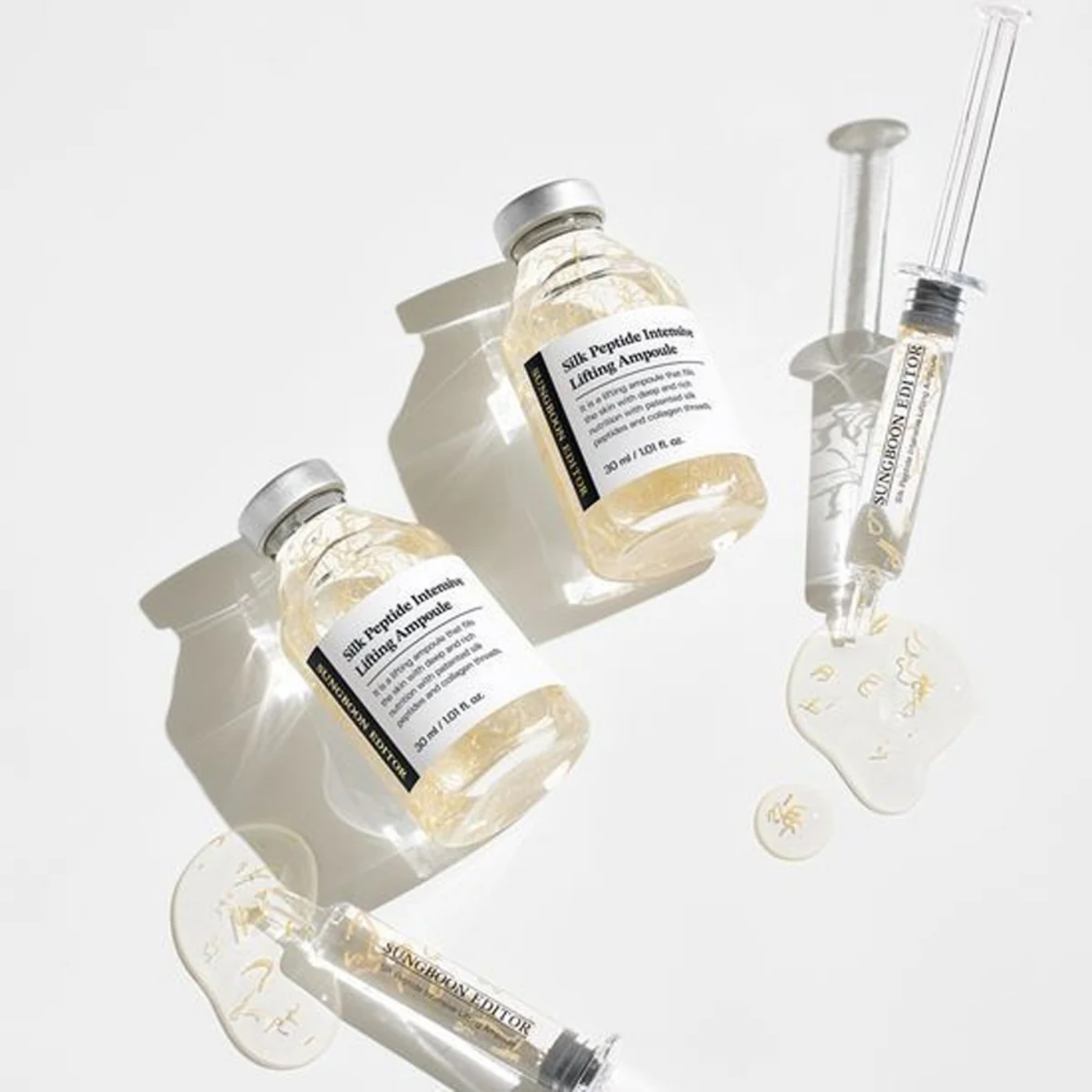 Silk Peptide Intensive Lifting Ampoule from Sungboon Editor in a 35ml bottle, featuring a clear glass container with a dropper cap.