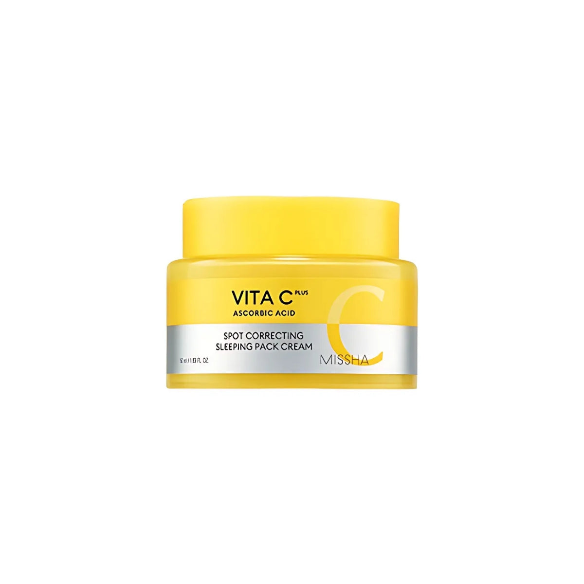 Missha Vita C Plus Spot Correcting Sleeping Mask pack, 50ml, showing the creamy, smooth texture of the leave-on skincare product.
