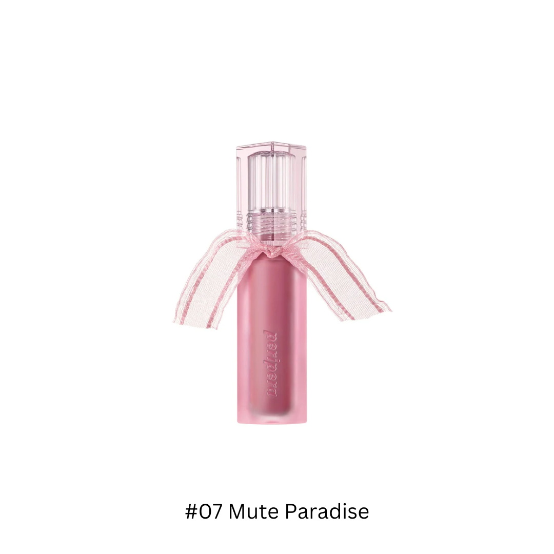 Peripera Water Bare Tint lip tint in a clear bottle, showcasing the lightweight, hydrating pink lip color and applicator.