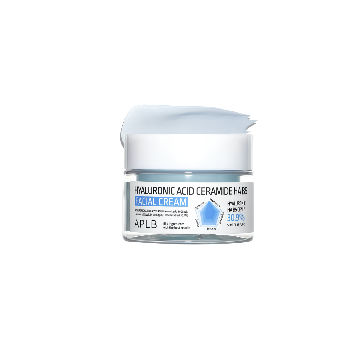 APLB Hyaluronic Acid Ceramide HA B5 facial cream in a 55ml jar, showing the moisturizer's smooth, rich texture and white packaging.