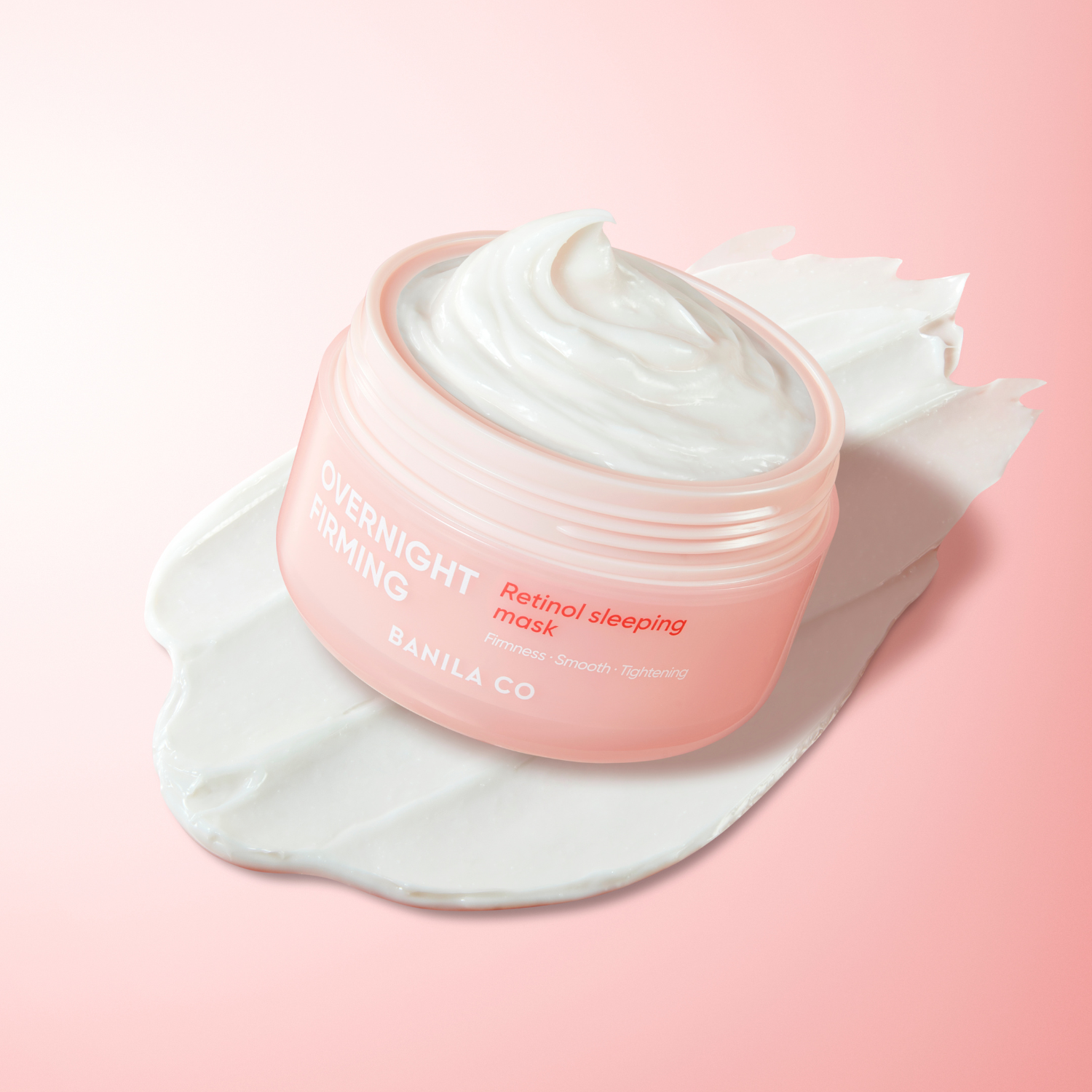 Banila Co firming retinol sleeping mask in 100ml jar, leave-on skincare product with smooth, creamy texture for overnight skin renewal.